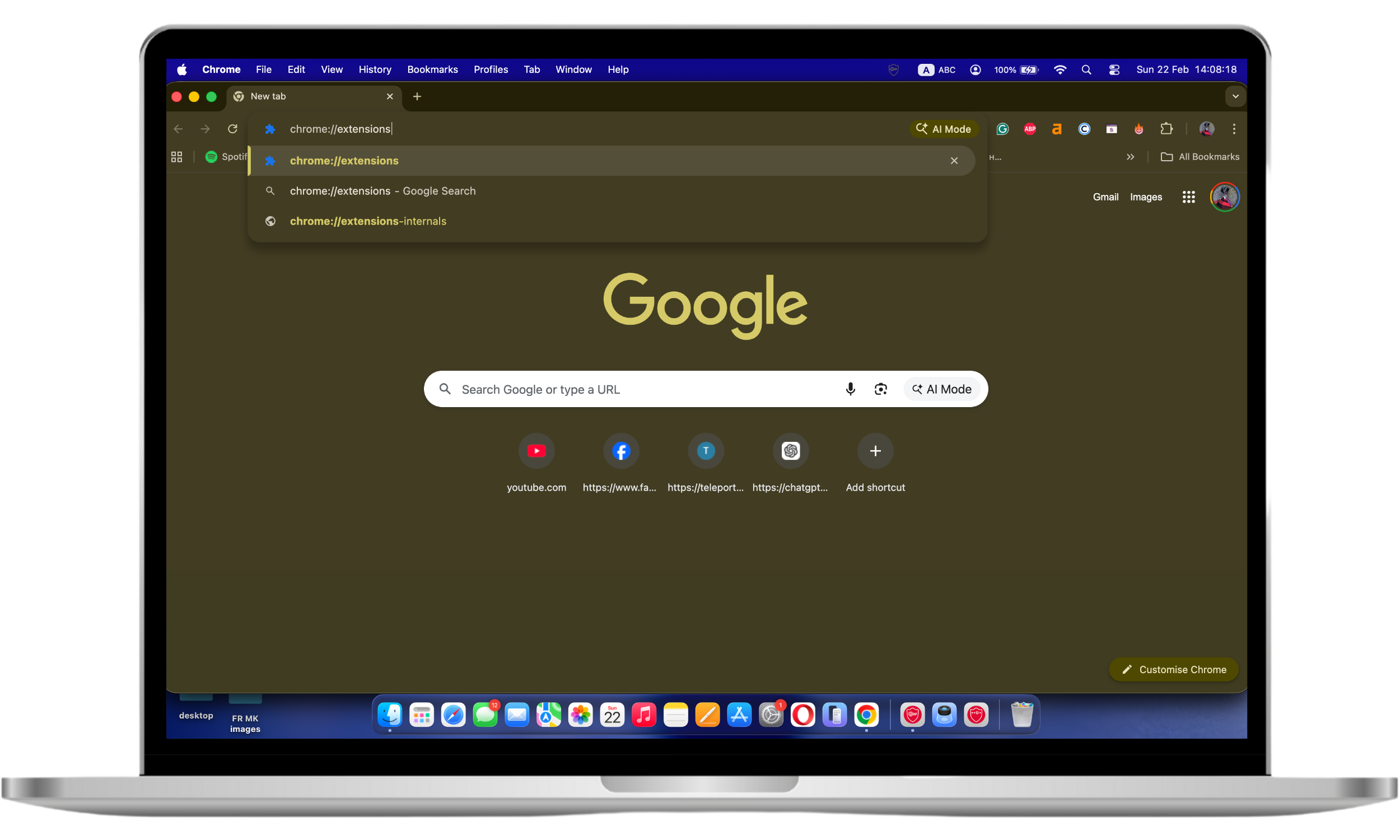Chrome browser showing the Extensions page after typing chrome://extensions in the address bar, displaying installed extensions list