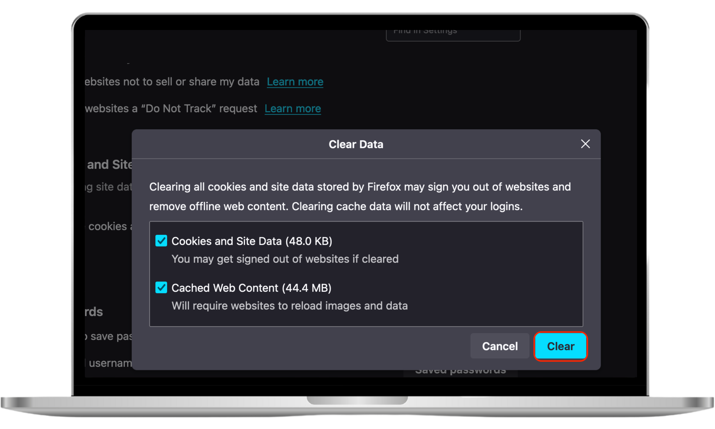 The 'Clear Data' pop-up window in Firefox, with checkboxes for cookies and cache selected, showing the final confirmation step to delete cookies on Mac firefox.