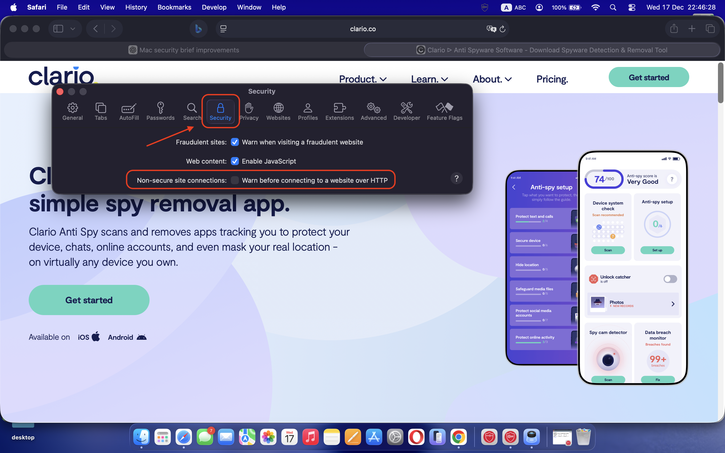 Screenshot showing Safari Preferences with the Security tab open, where you can enable warnings for potentially fraudulent websites. Screenshot showing Safari Preferences with the Security tab open, where you can enable warnings for potentially fraudulent websites.