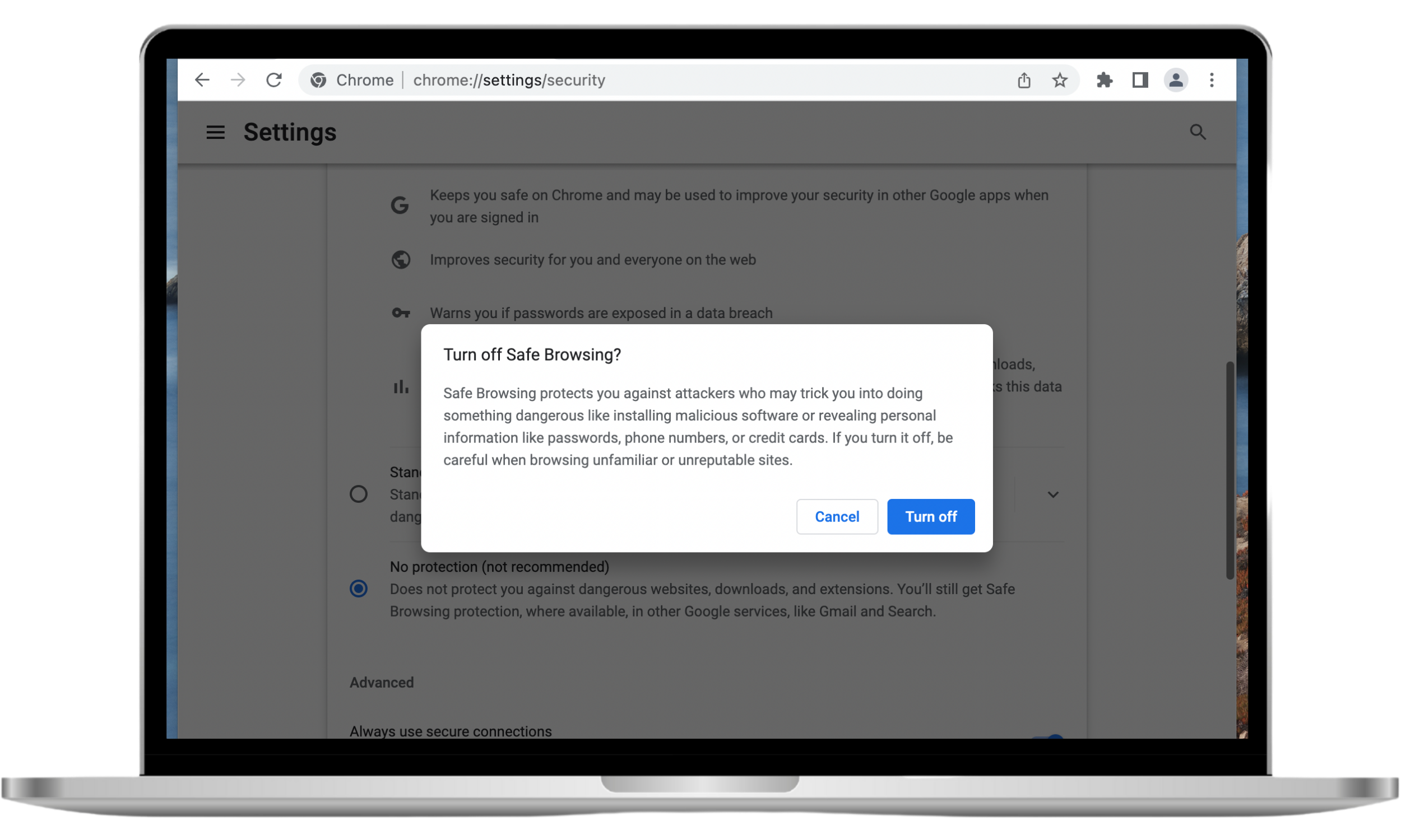 A confirmation pop-up in Google Chrome shows the Turn off button selected to disable Safe Browsing.