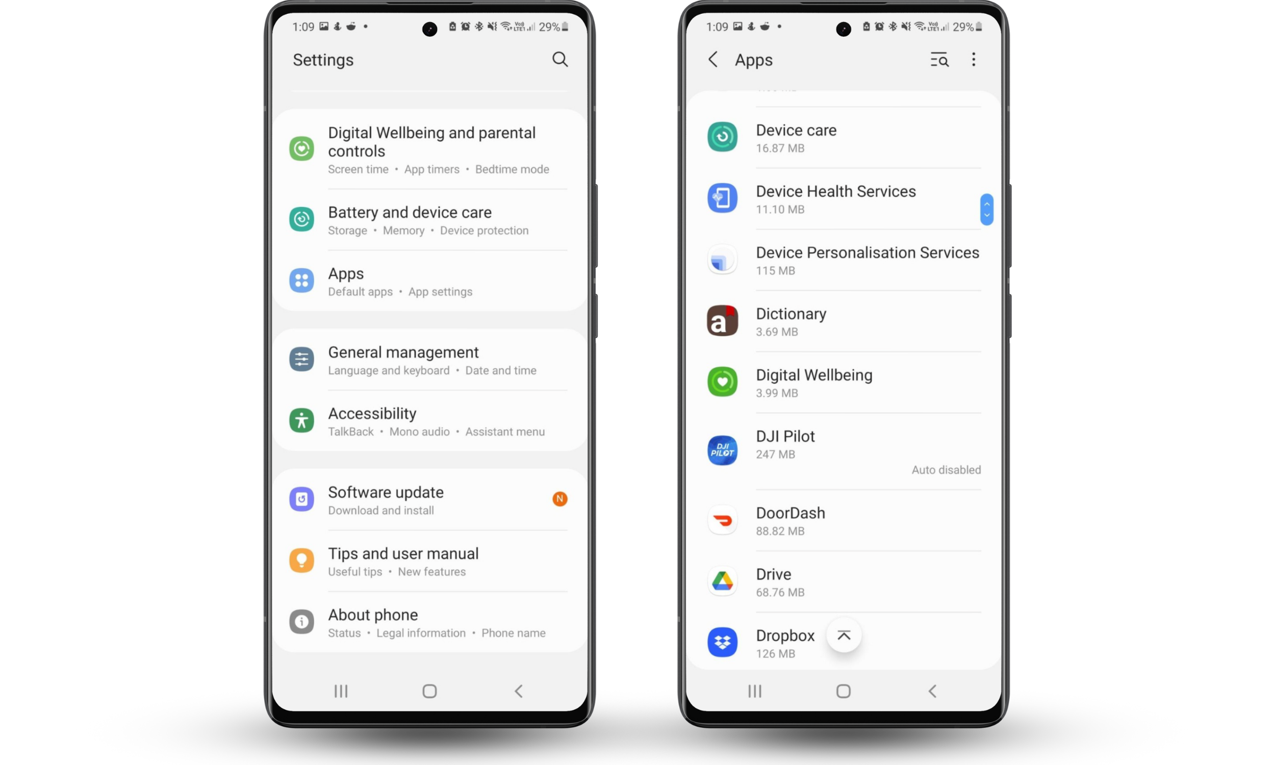 Android Settings screen showing the Apps menu and a list of installed applications. Android Settings screen showing the Apps menu and a list of installed applications.