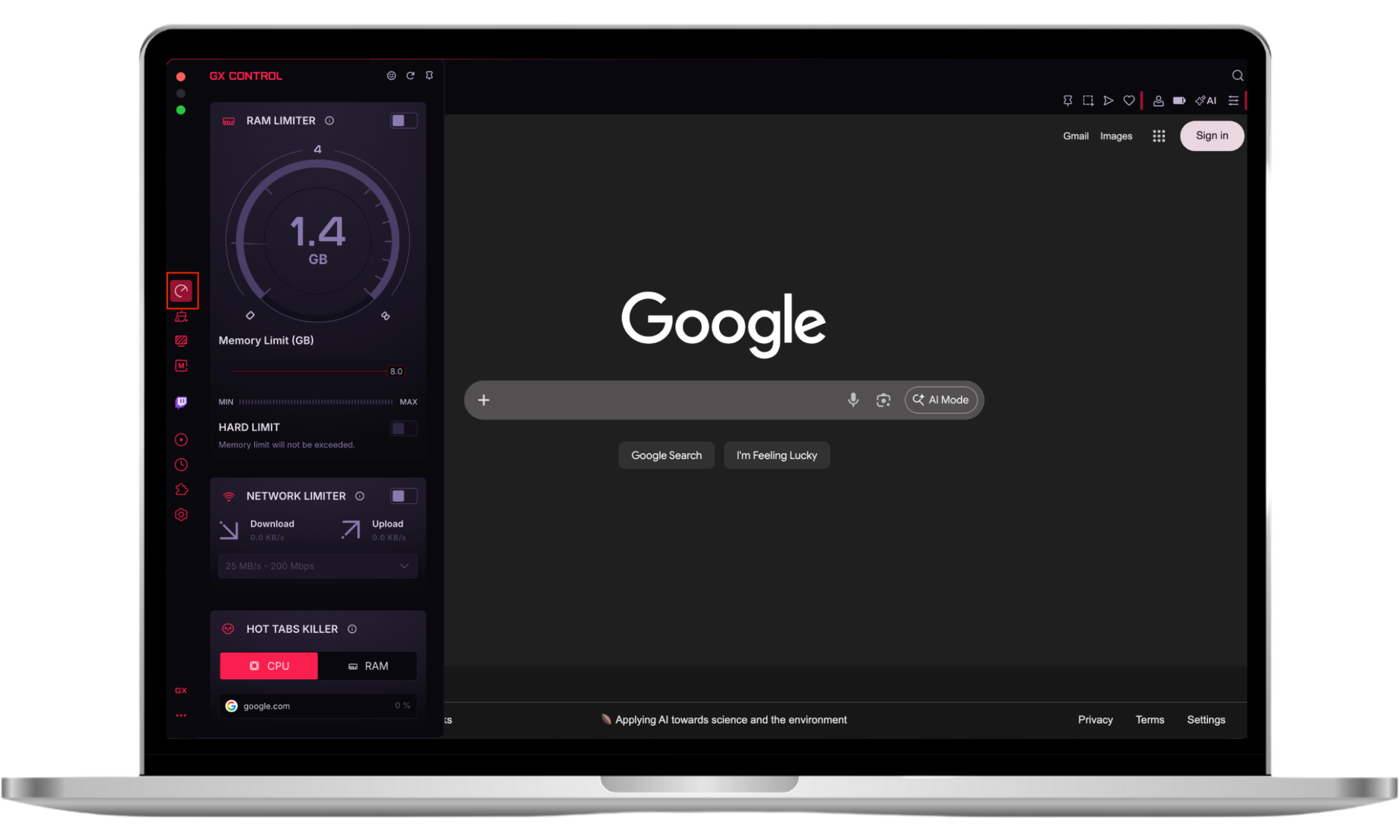 Opera GX gaming browser, with the GX Control button highlighted in the sidebar