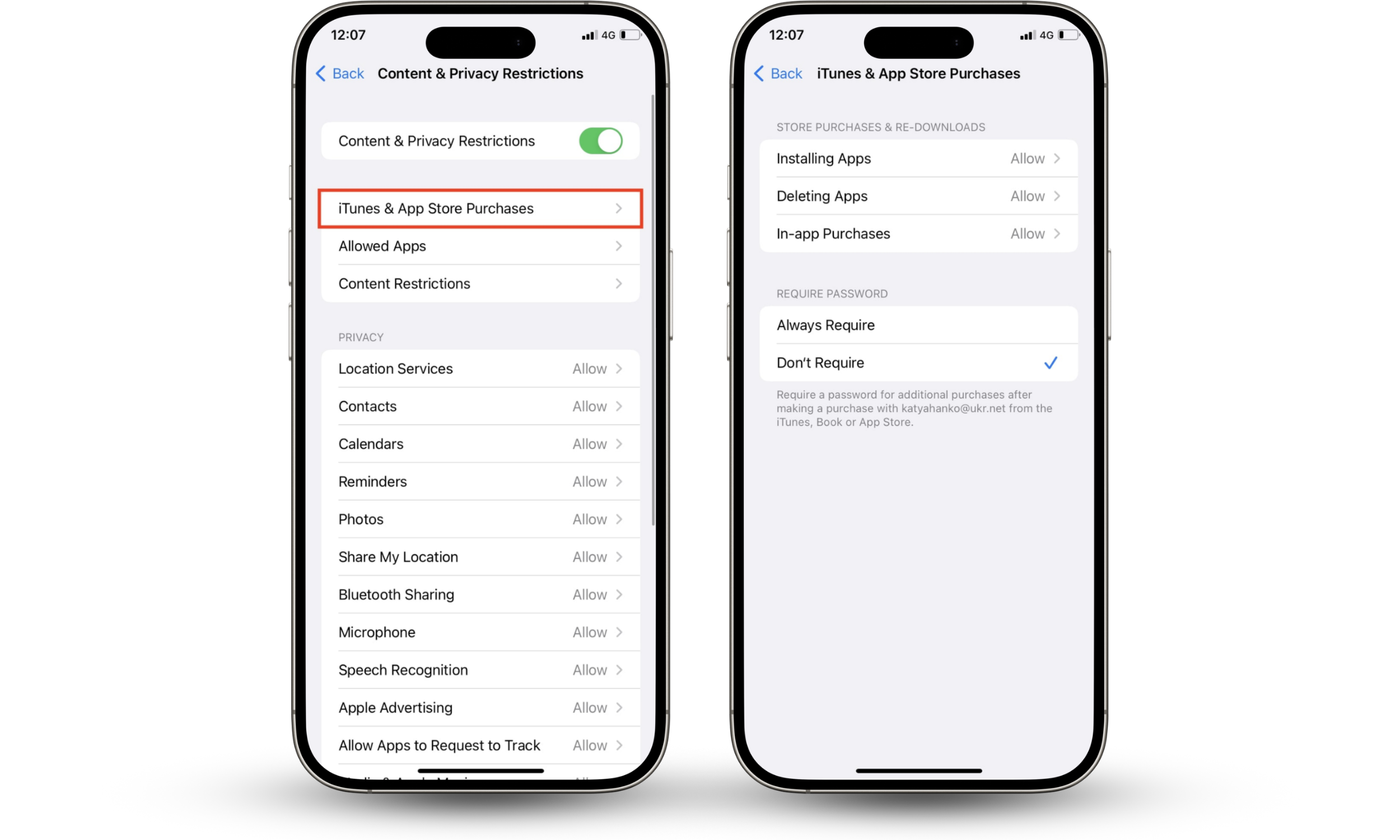 The iTunes & App Store Purchases settings page on an iPhone displays options for restricting app installations, app deletions, and in-app purchases through parental controls. The iTunes & App Store Purchases settings page on an iPhone displays options for restricting app installations, app deletions, and in-app purchases through parental controls.