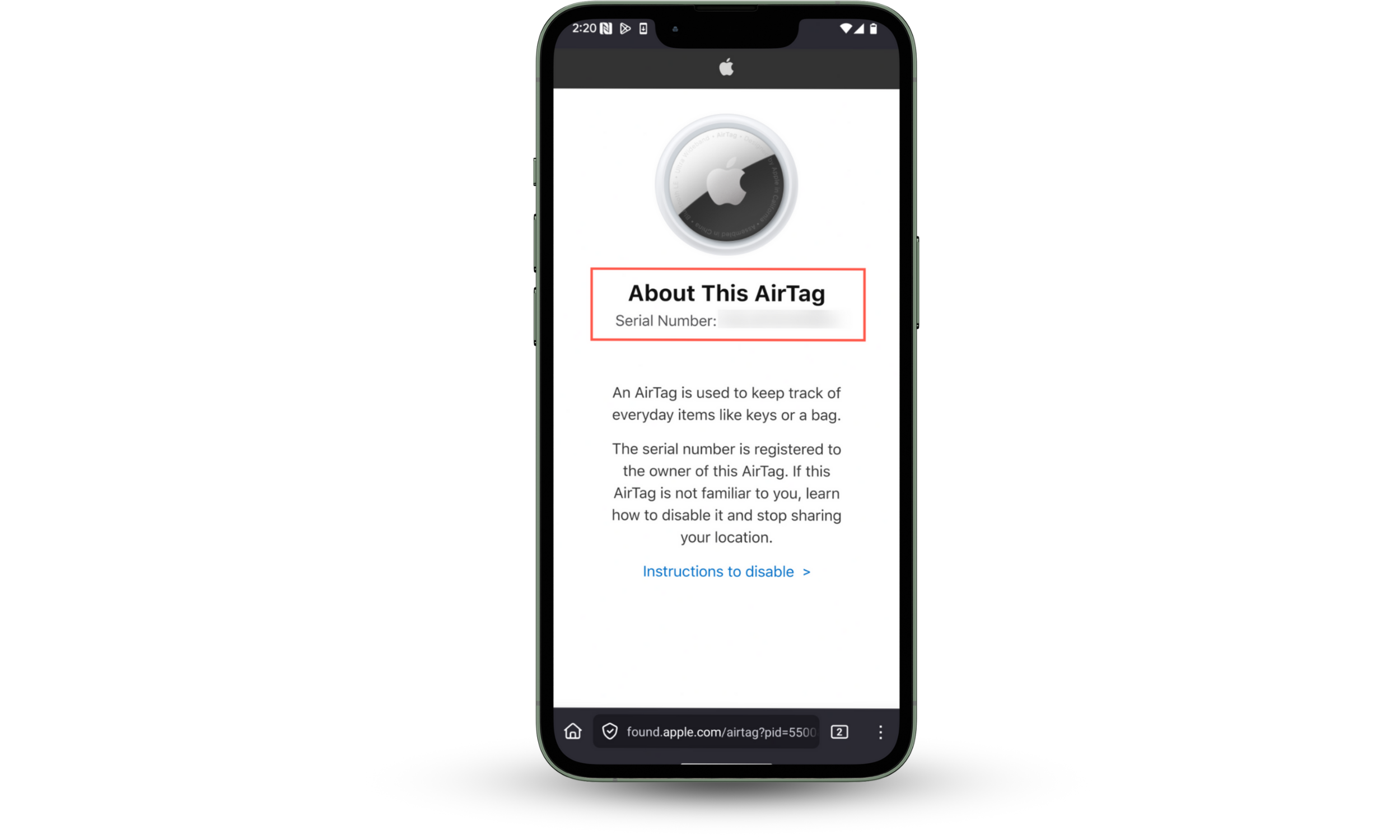 This screenshot shows how to find the serail number of an unknown AirTag after receiving an AirTag Found Moving With You notification.