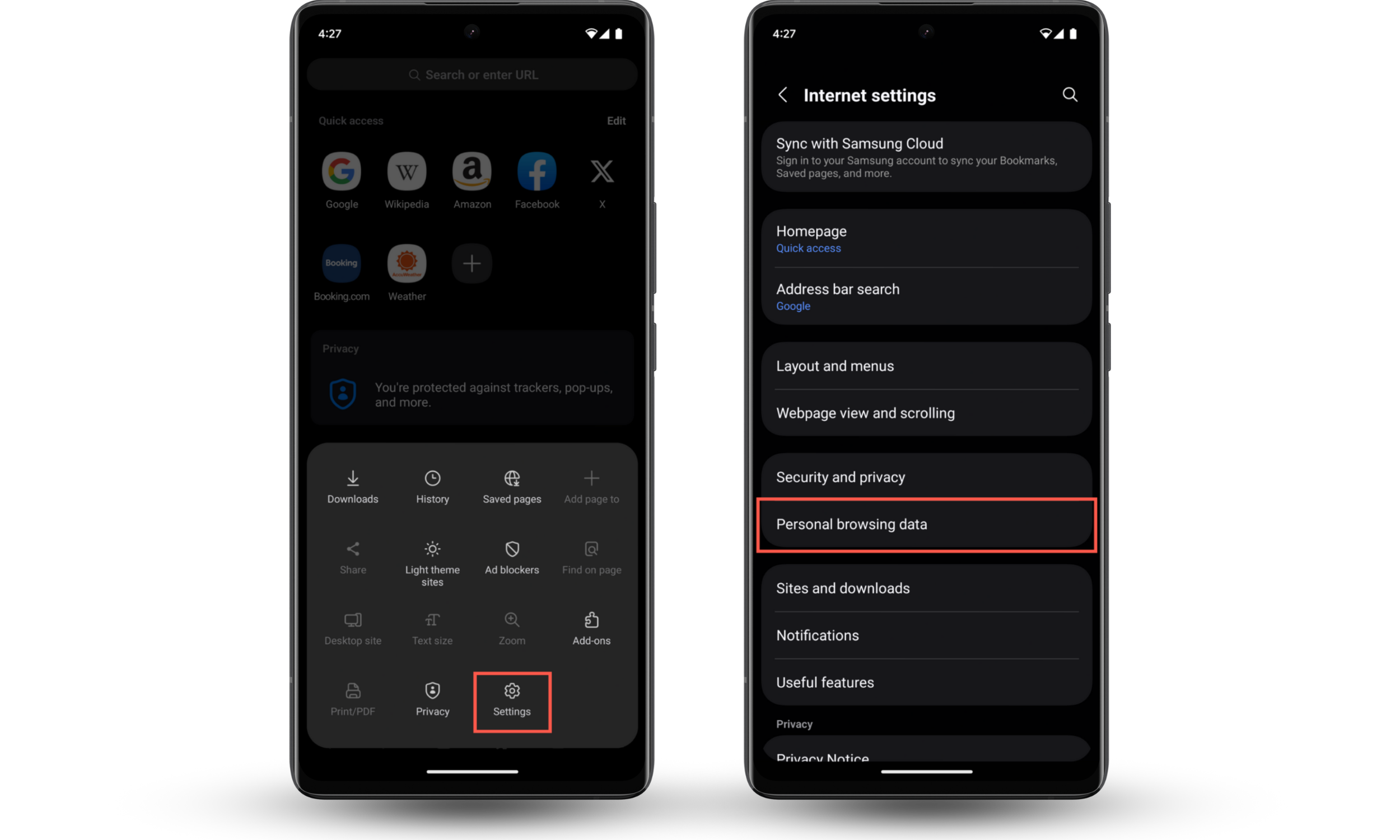 These Samsung Internet screenshots show how to visit the browser's Personal browsing data screen so that you can delete your cookies on Android. These Samsung Internet screenshots show how to visit the browser's Personal browsing data screen so that you can delete your cookies on Android.