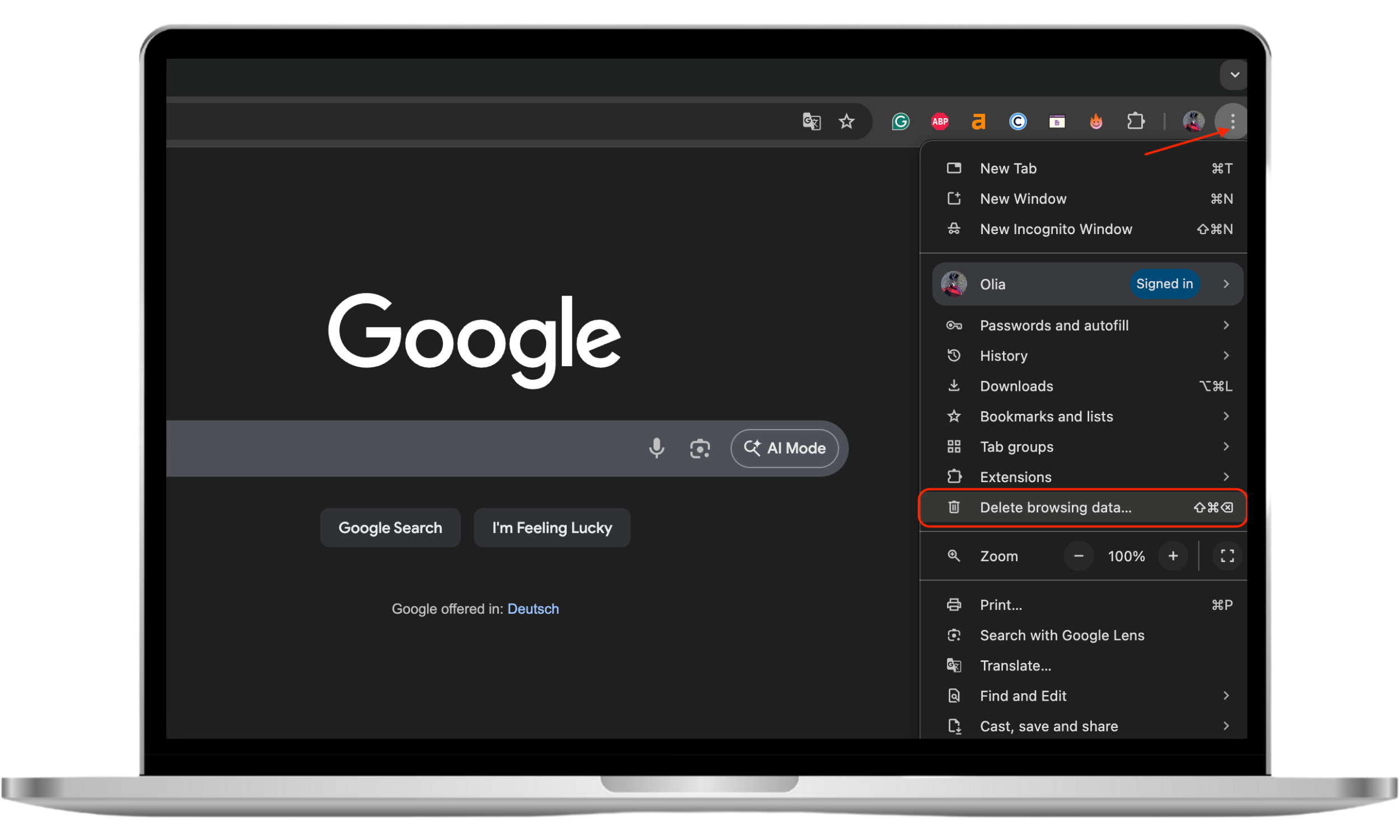 The Google Chrome menu on a MacBook with 'Delete browsing data...' highlighted, showing the first step to delete cookies on Mac Chrome.