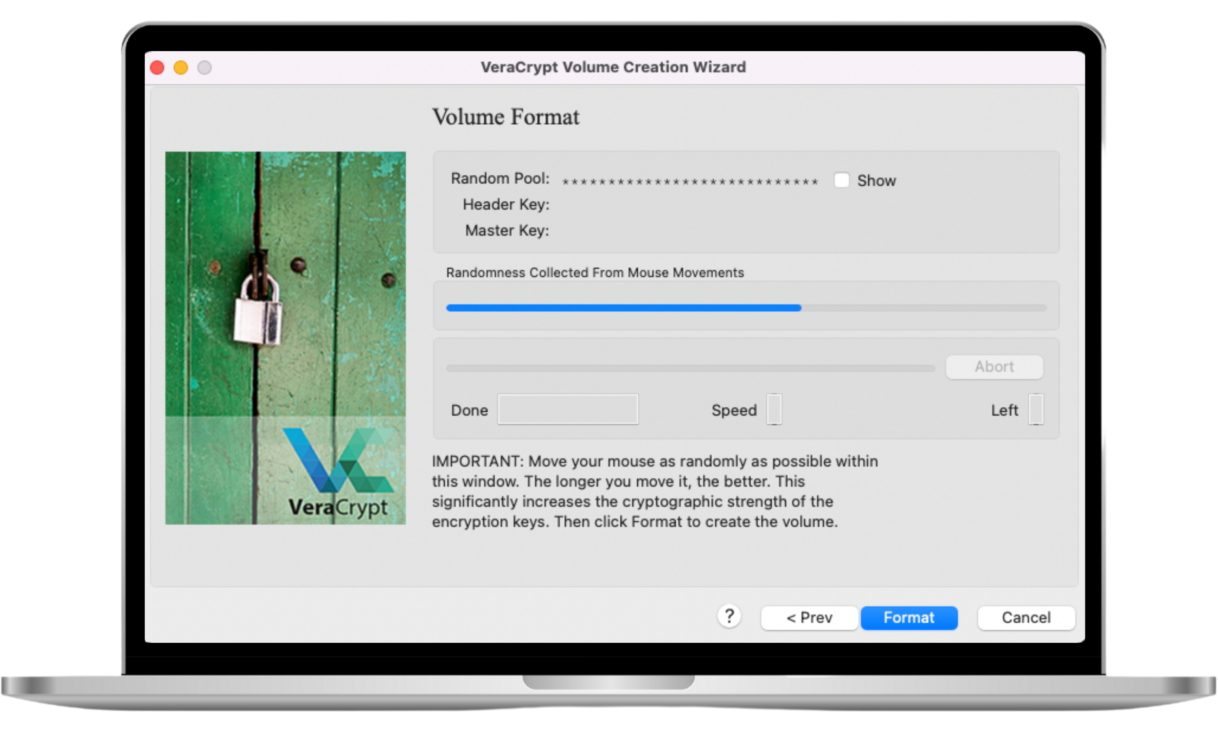 The VeraCrypt application window on a Mac showing the formatting process for an encrypted volume, with a progress bar indicating the creation of a secure container. The VeraCrypt application window on a Mac showing the formatting process for an encrypted volume, with a progress bar indicating the creation of a secure container.
