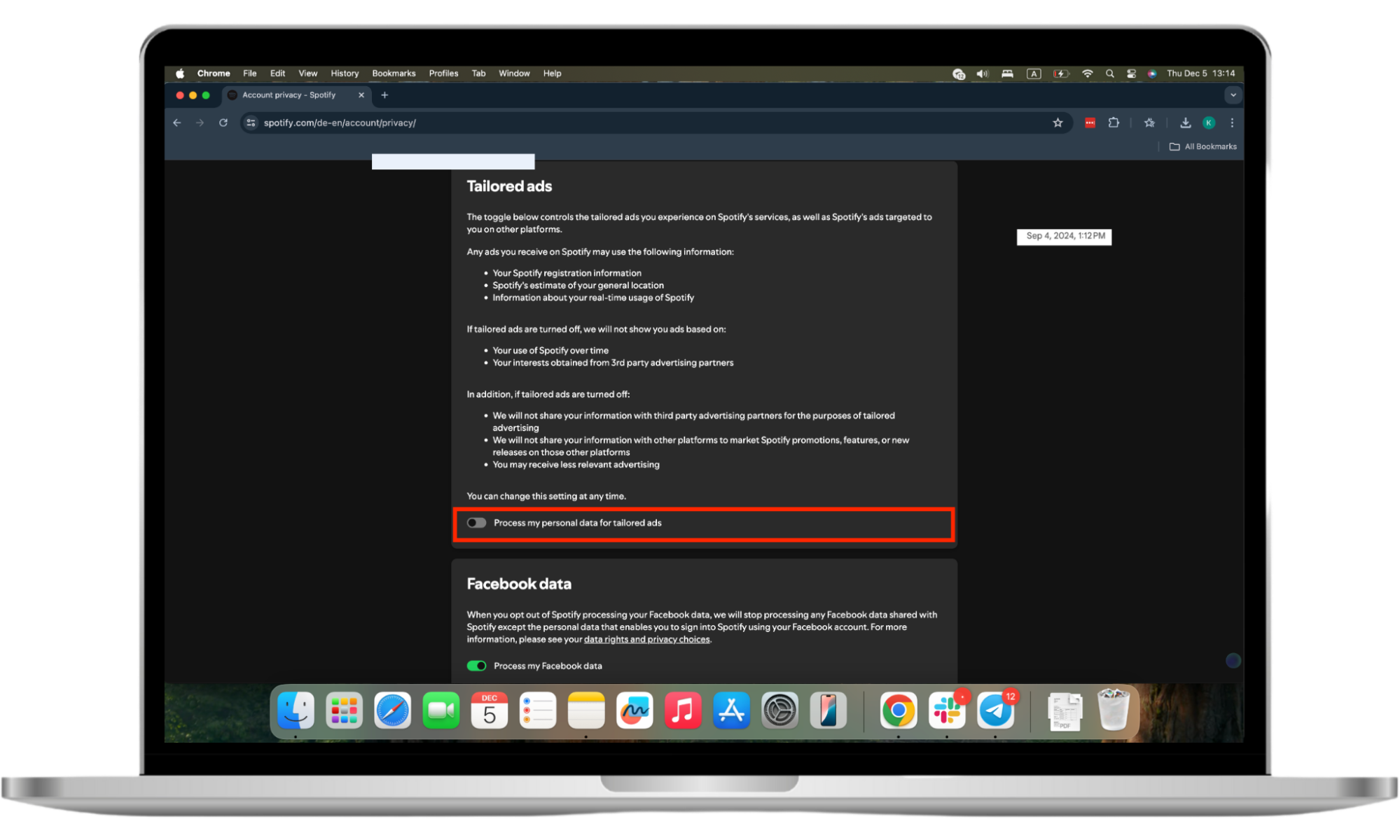 Spotify’s Account privacy settings are shown on a Mac. Disable the Process my personal data for tailored ads option to opt out of personalized ads if Spotify Spies on You. Spotify’s Account privacy settings are shown on a Mac. Disable the Process my personal data for tailored ads option to opt out of personalized ads if Spotify Spies on You.
