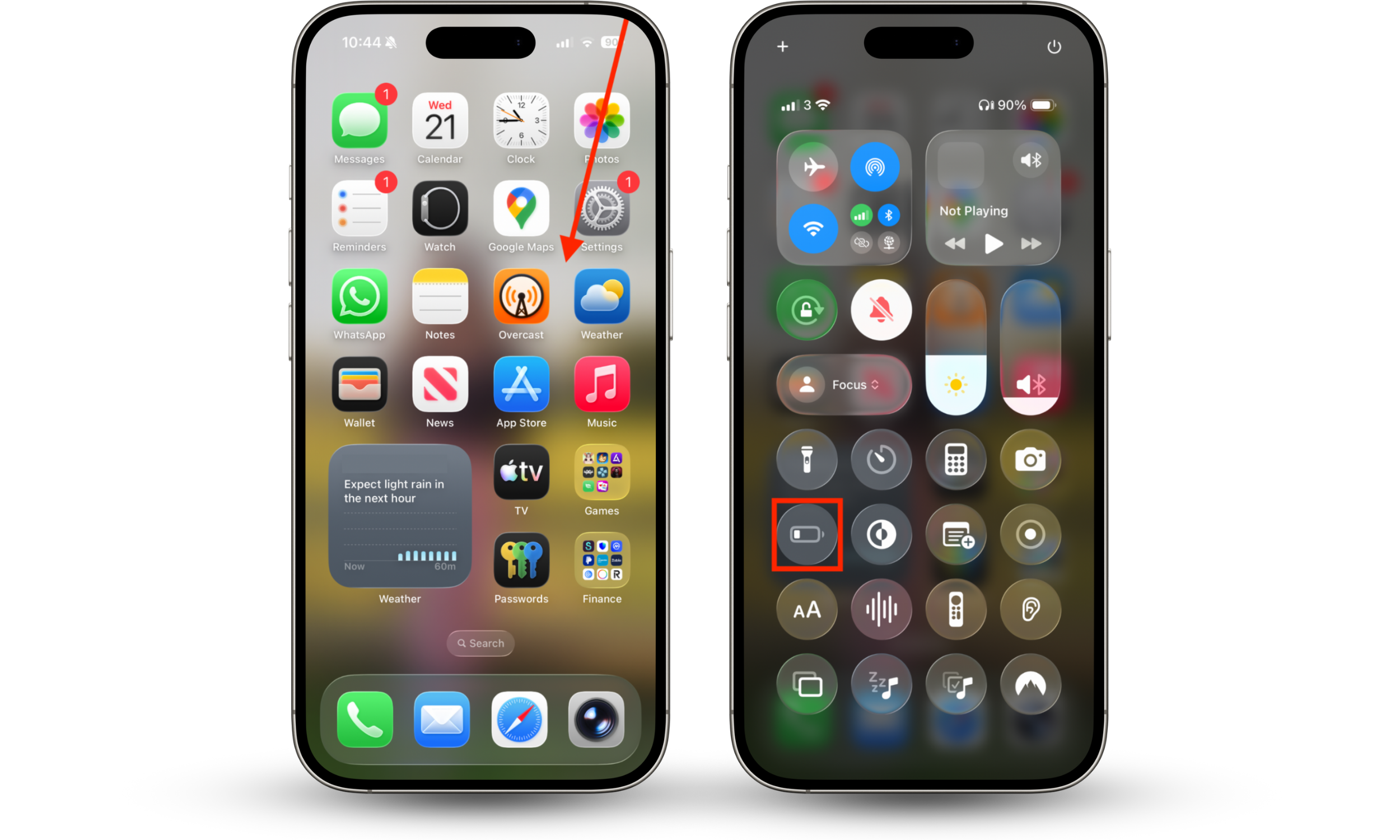 The Low Power Mode button in Control Center on iPhone. Enabling Low Power Mode reduces strain on system resources and helps avoid iPhone overheating.