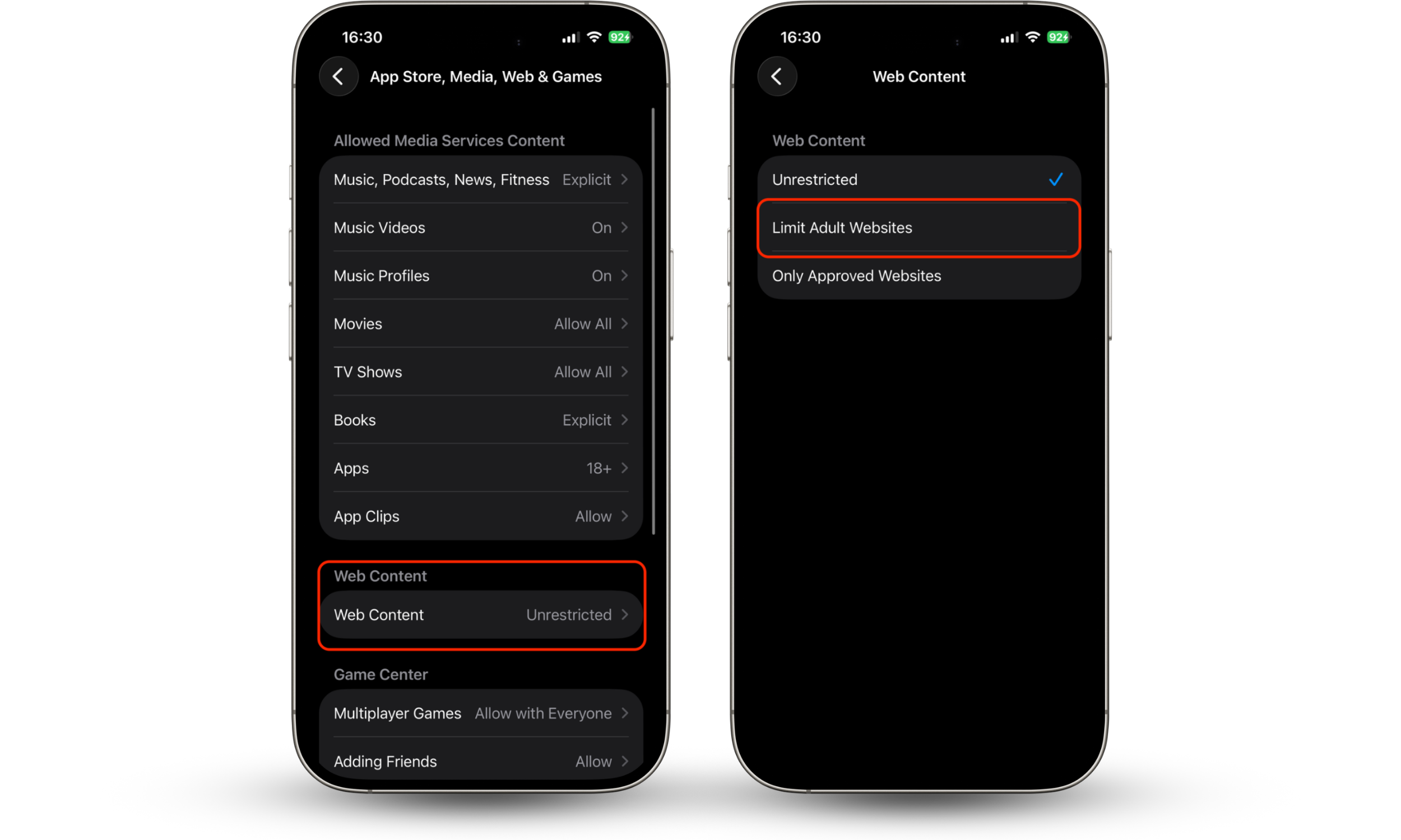 The Web Content settings screen on an iPhone displaying options like Unrestricted Access and Limit Adult Websites, with the adult content restriction option selected to block inappropriate websites.