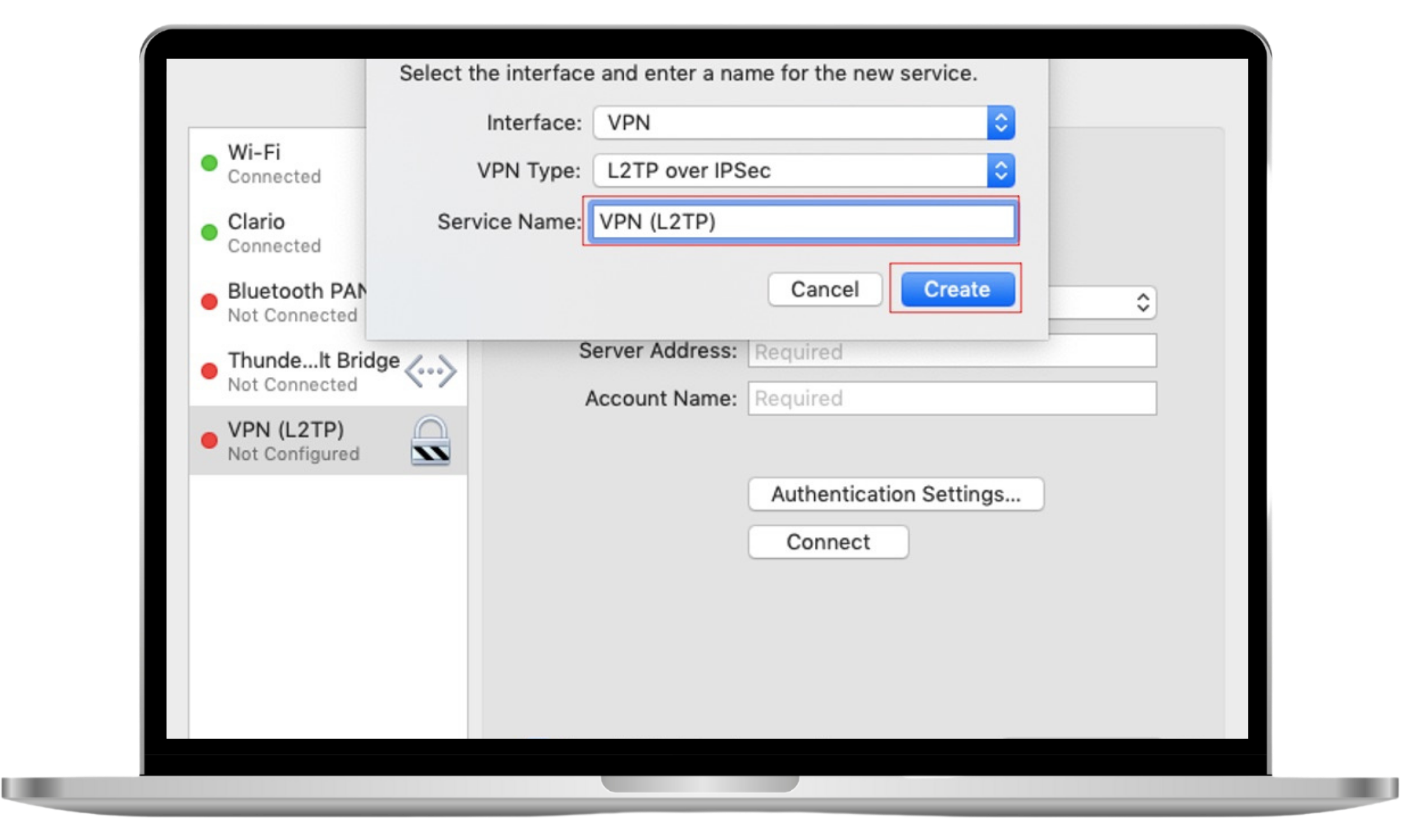 VPN setup window showing service name field filled in with the Create button highlighted.