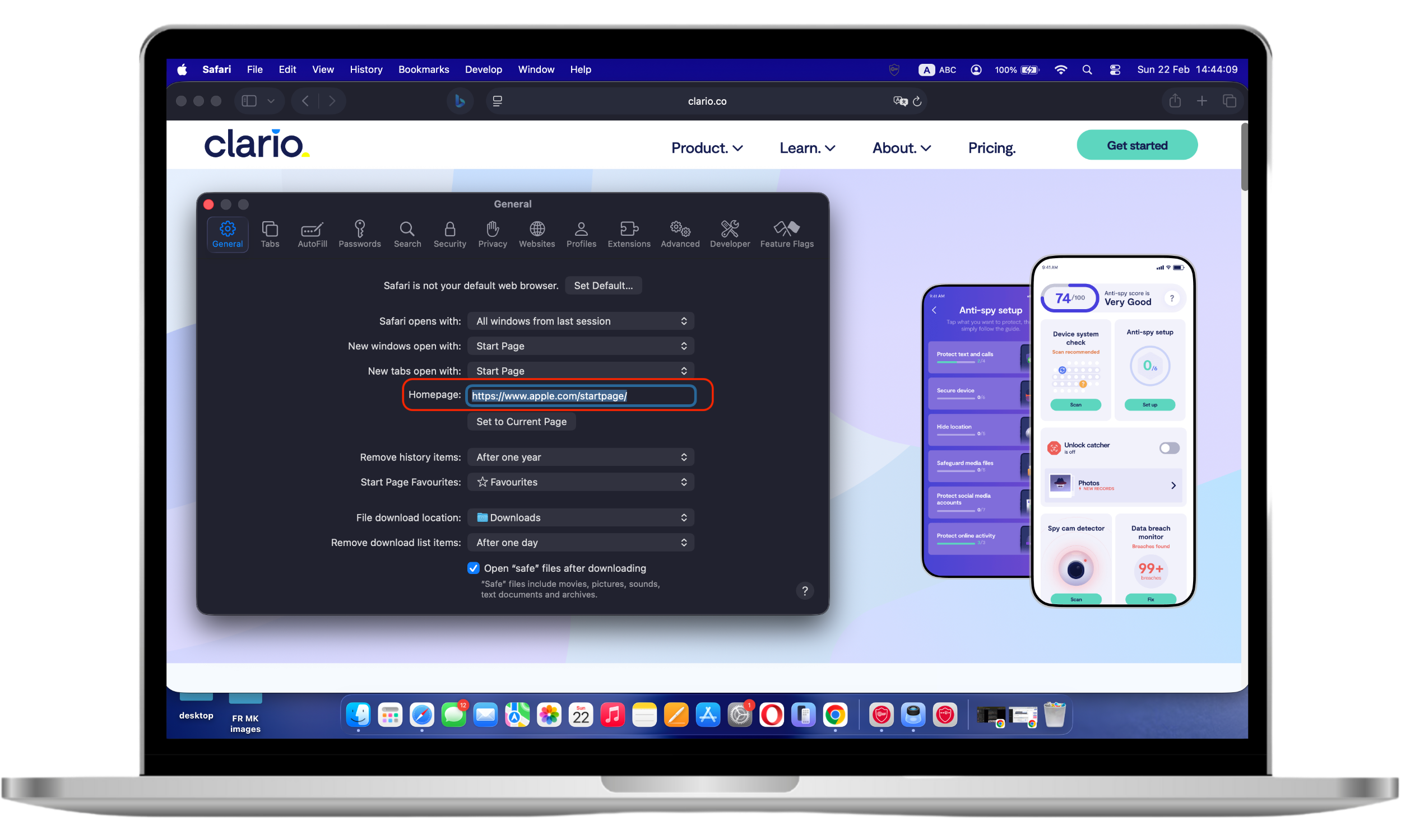 Safari General settings showing the Homepage field being edited to enter a preferred startup website address