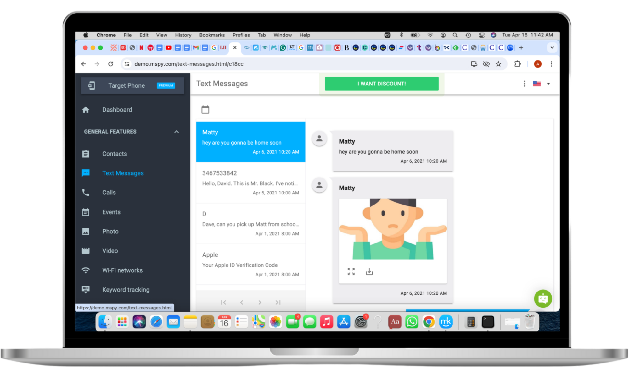 A mockup of a Mac screen with mSpy's text message monitor opened. It shows the target phone's chats for the spy to read. The feature also shows the dates and times associated with the messages. A mockup of a Mac screen with mSpy's text message monitor opened. It shows the target phone's chats for the spy to read. The feature also shows the dates and times associated with the messages.