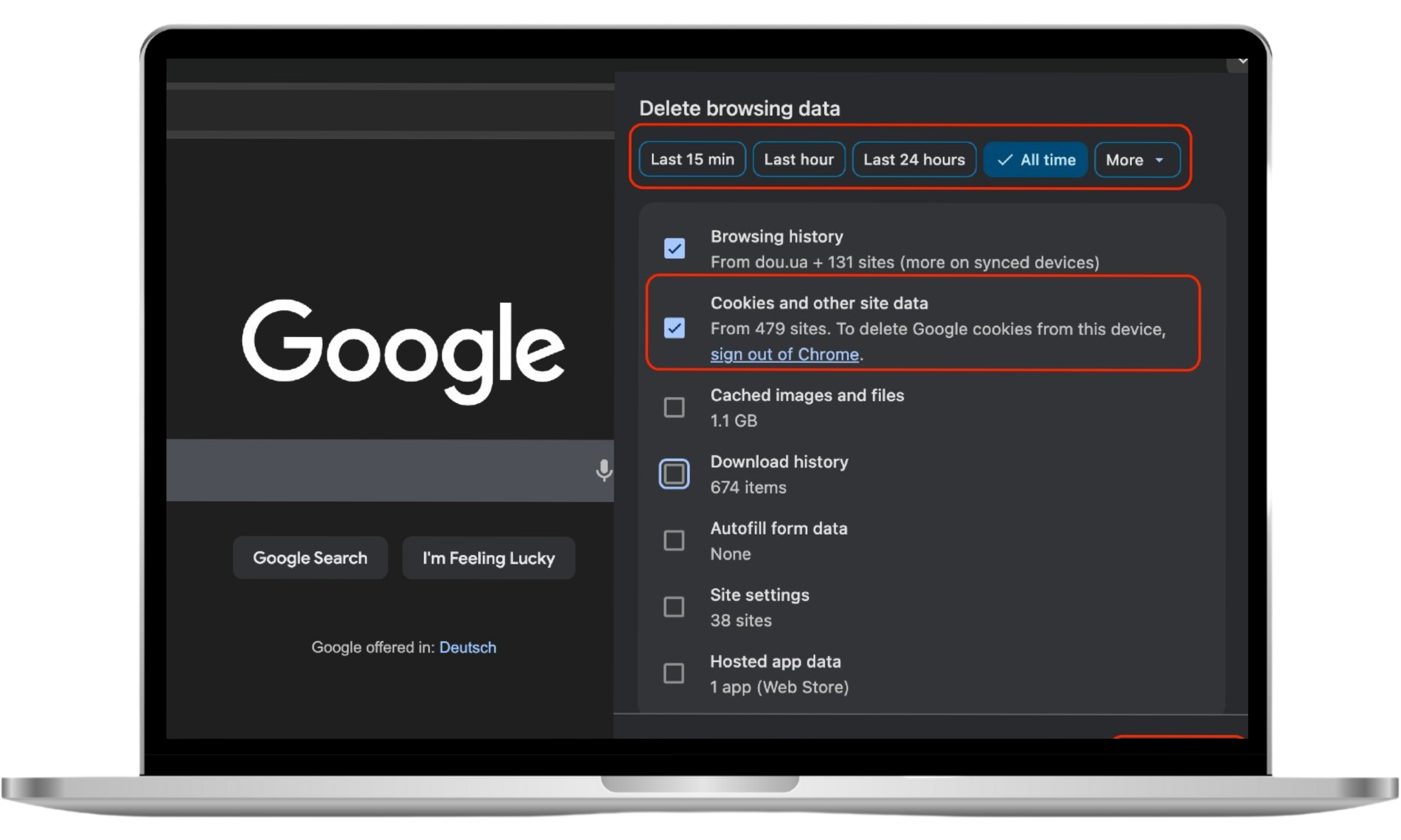The 'Delete browsing data' window in Google Chrome, showing the 'All time' time range and 'Cookies and other site data' checkbox selected to completely delete cookies on Mac Google Chrome.