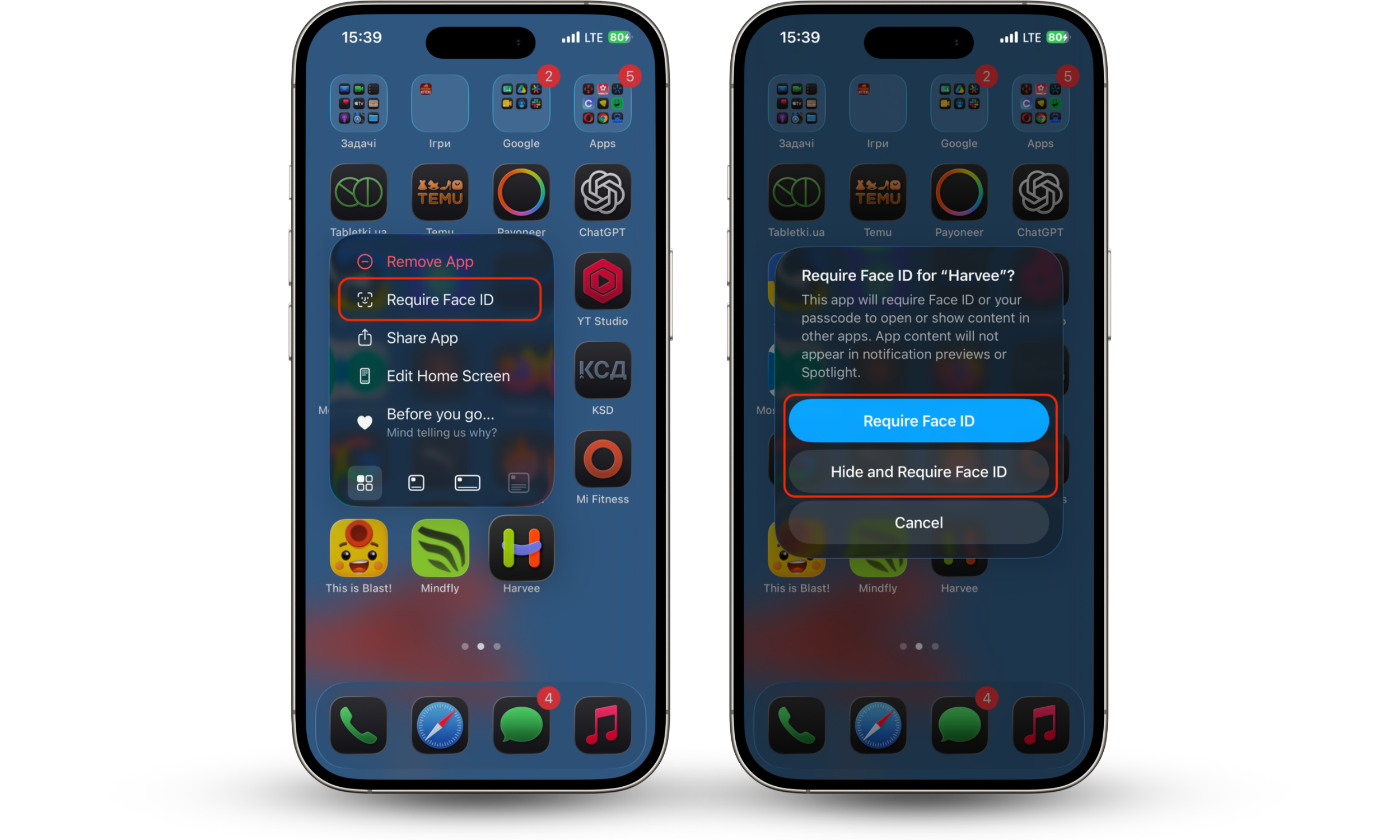 An iPhone home screen shows the quick actions menu for an app with the Require Face ID and Hide App options visible.