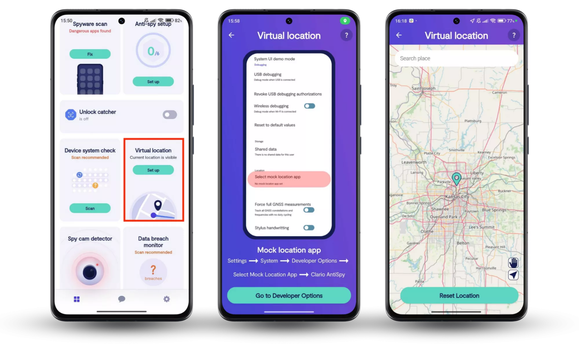 Clario Anti Spy virtual location feature on mobile screen, allowing users to mask their location from tracking apps. Clario Anti Spy virtual location feature on mobile screen, allowing users to mask their location from tracking apps.
