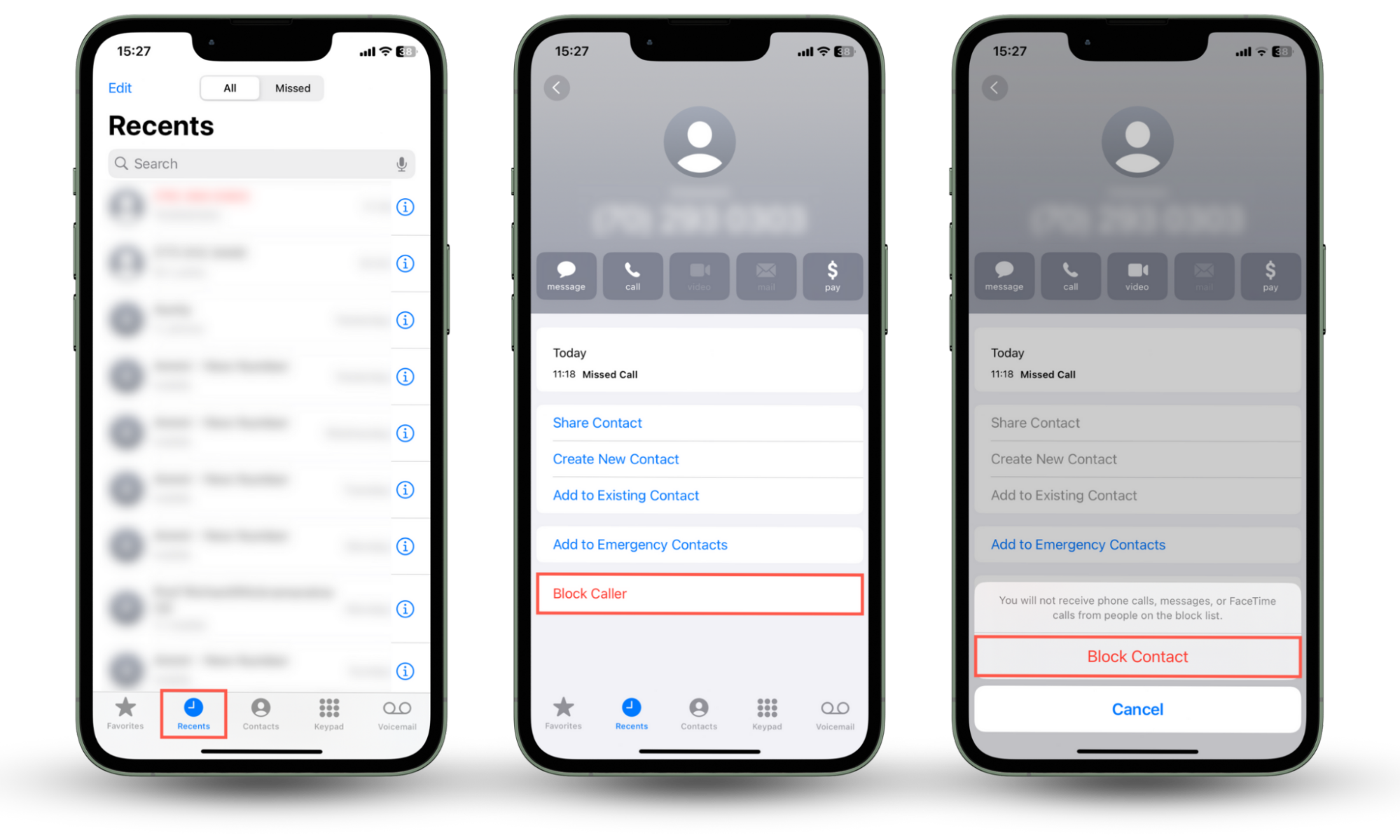 These iOS app screenshots show how to block a number or contact on an iPhone via the Phone app's Recents list of phone callers. These iOS app screenshots show how to block a number or contact on an iPhone via the Phone app's Recents list of phone callers.