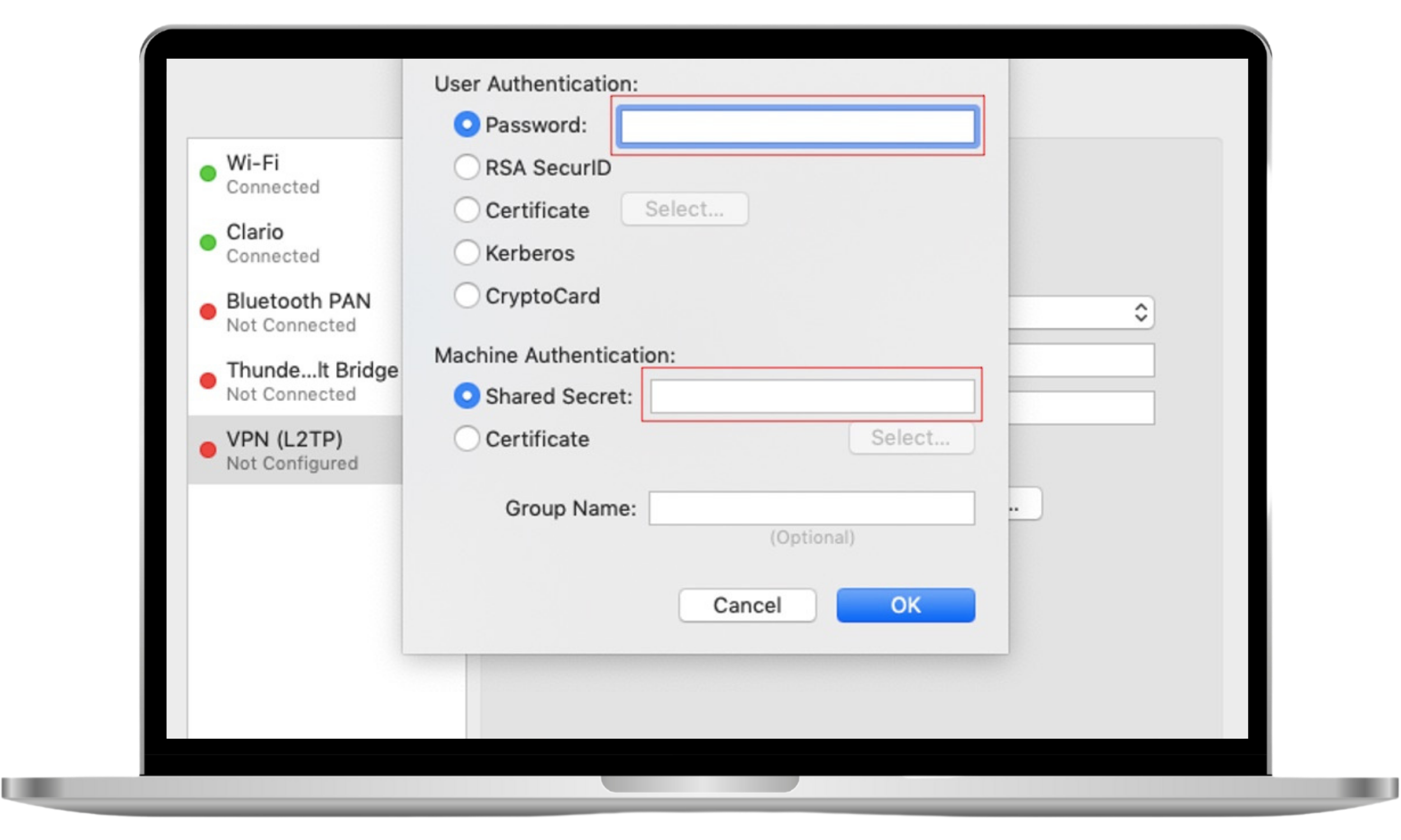 VPN authentication settings window showing fields for entering encryption details.