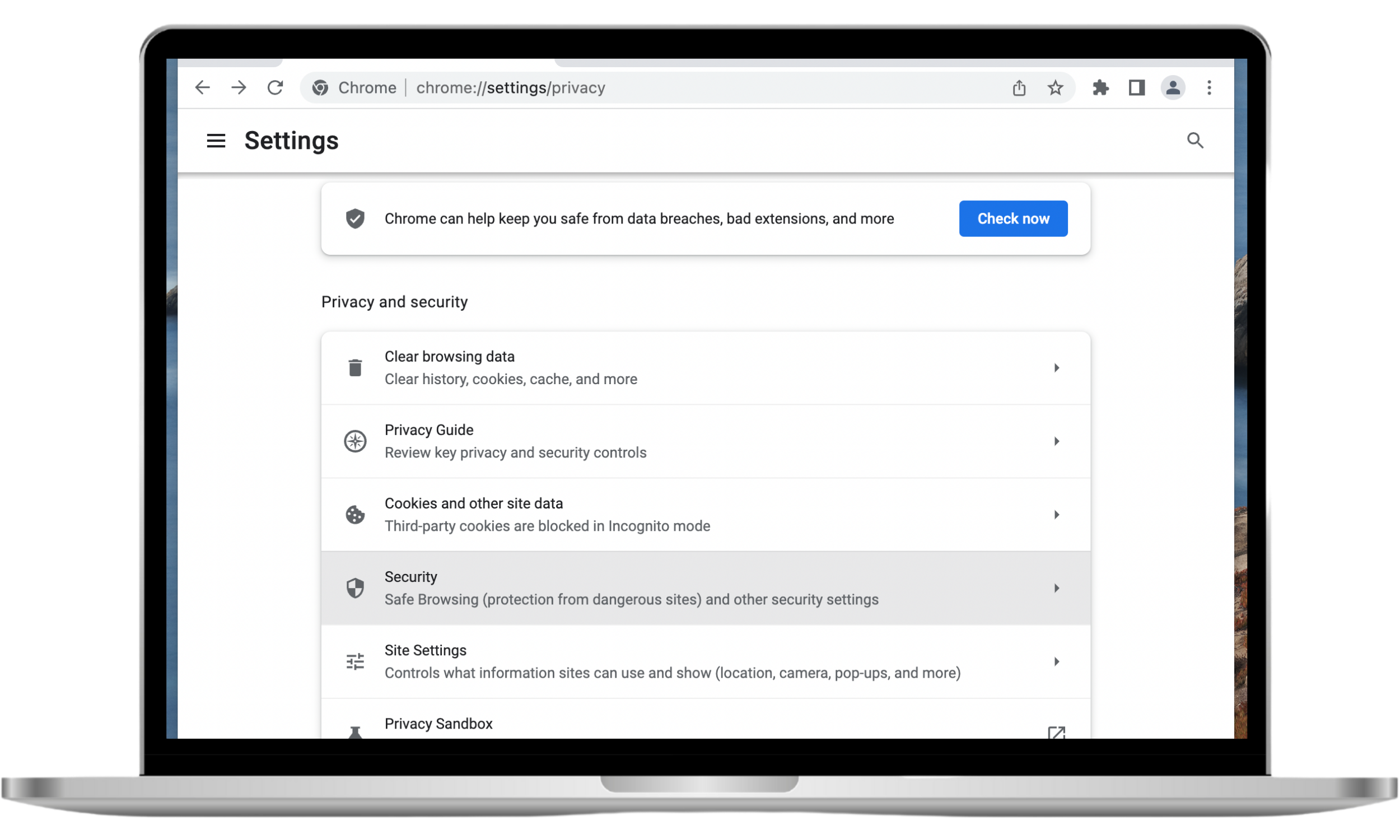 The Privacy and security menu in Google Chrome settings shows the Security option selected.