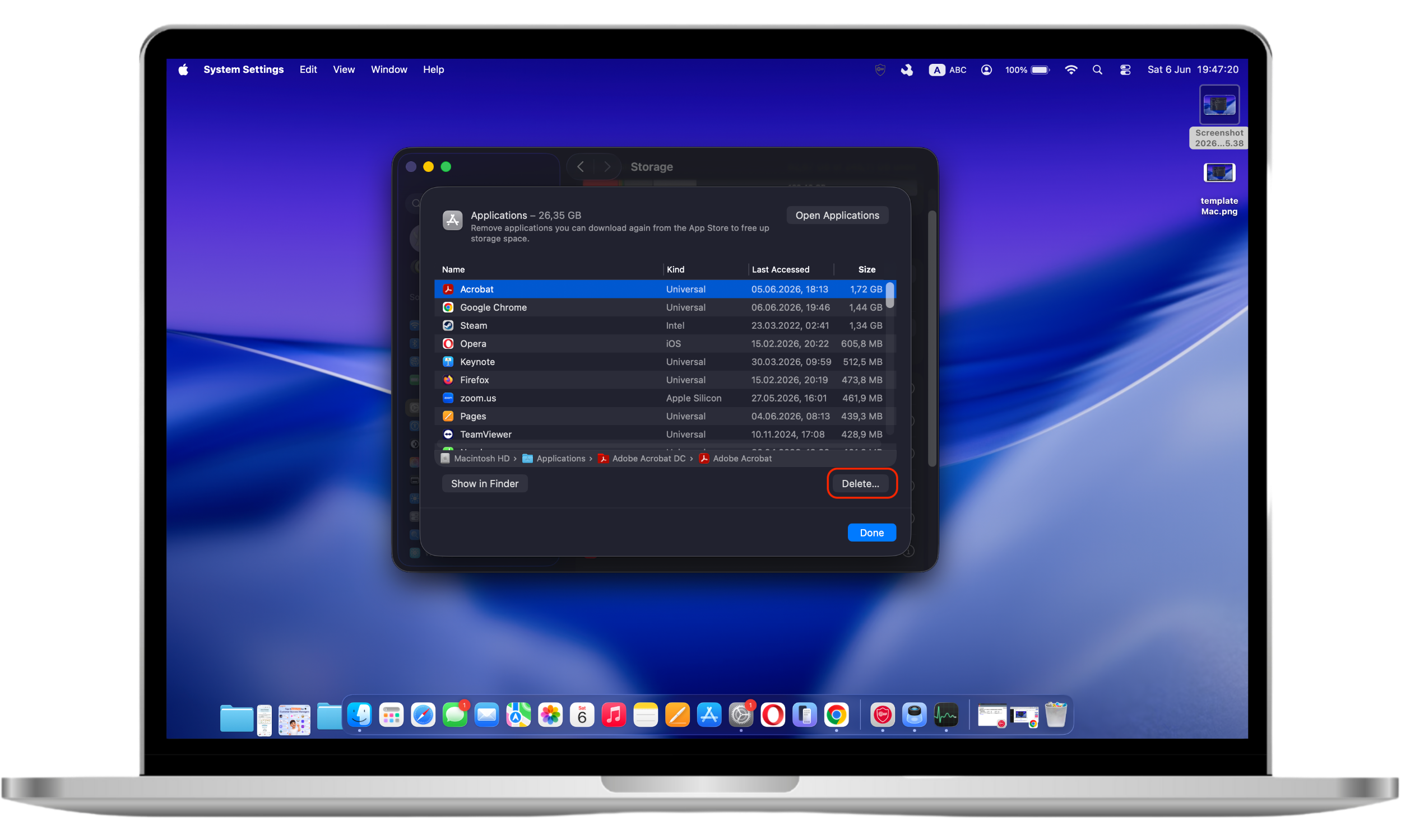 The Storage settings page on a Mac shows files and applications that can be reviewed and deleted to recover disk space while keeping important data intact.
