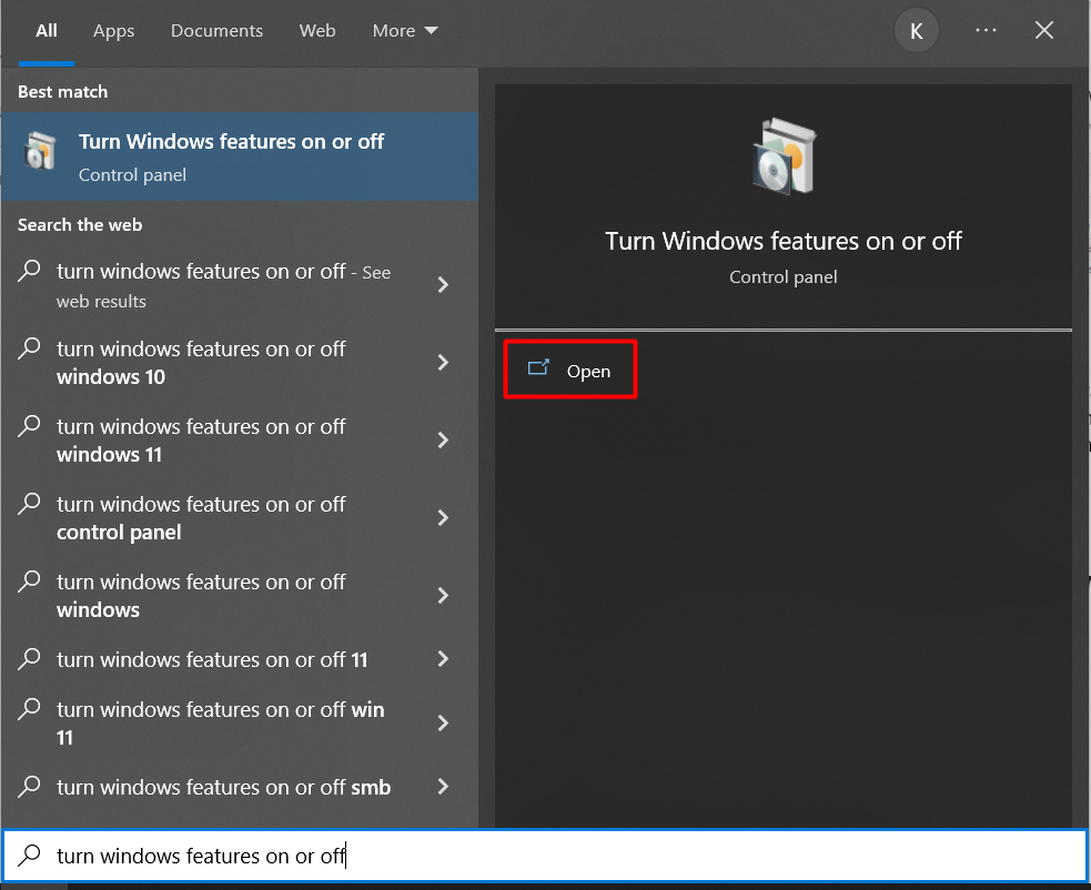 Turn Windows Features On or Off Turn Windows Features On or Off