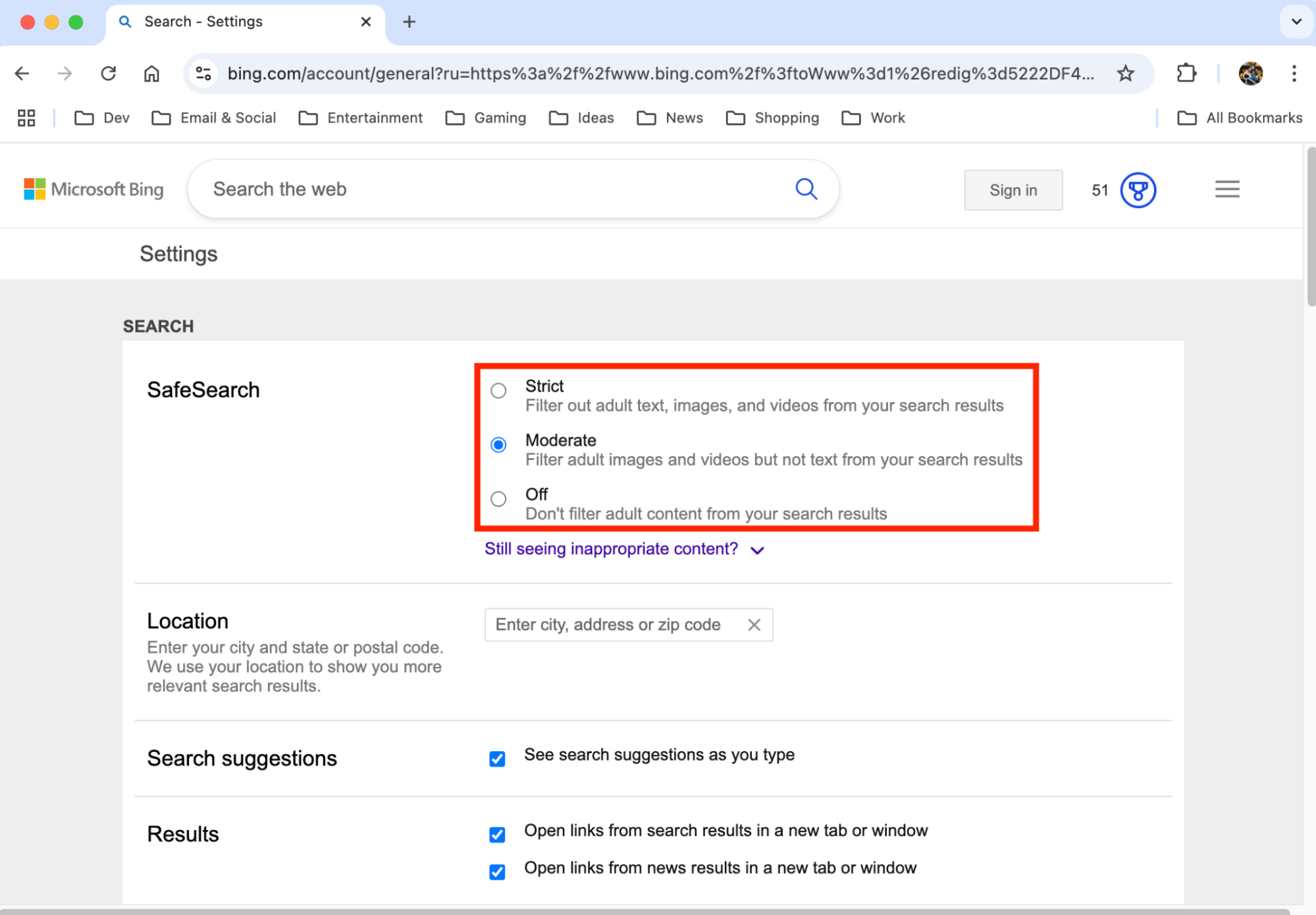 The Settings page for Microsoft Bing in Google Chrome on Mac. Here, you can adjust and manage your Safe Search settings to filter out explicit content. The Settings page for Microsoft Bing in Google Chrome on Mac. Here, you can adjust and manage your Safe Search settings to filter out explicit content.