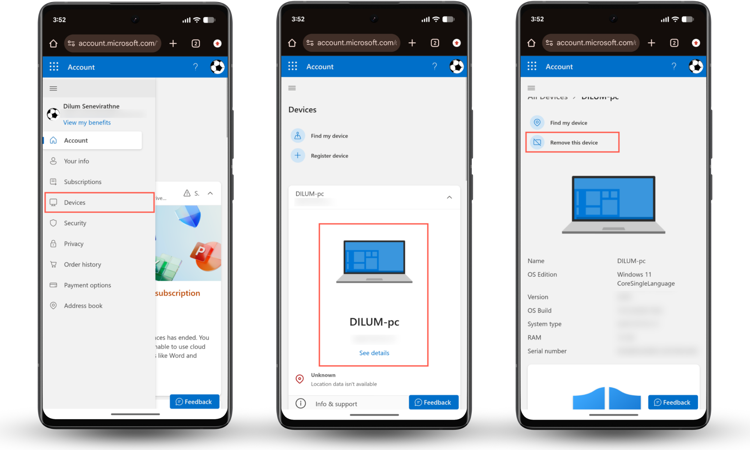 These screenshots show how to check and remove old PCs from your Microsoft Account if you have concerns about your phone linking to your computer.