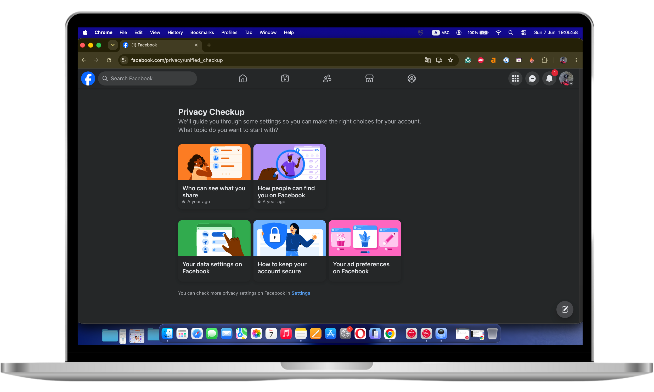 Facebook desktop interface showing the account menu opened from the profile picture, with access to Settings & Privacy, Settings, and Privacy Checkup options.