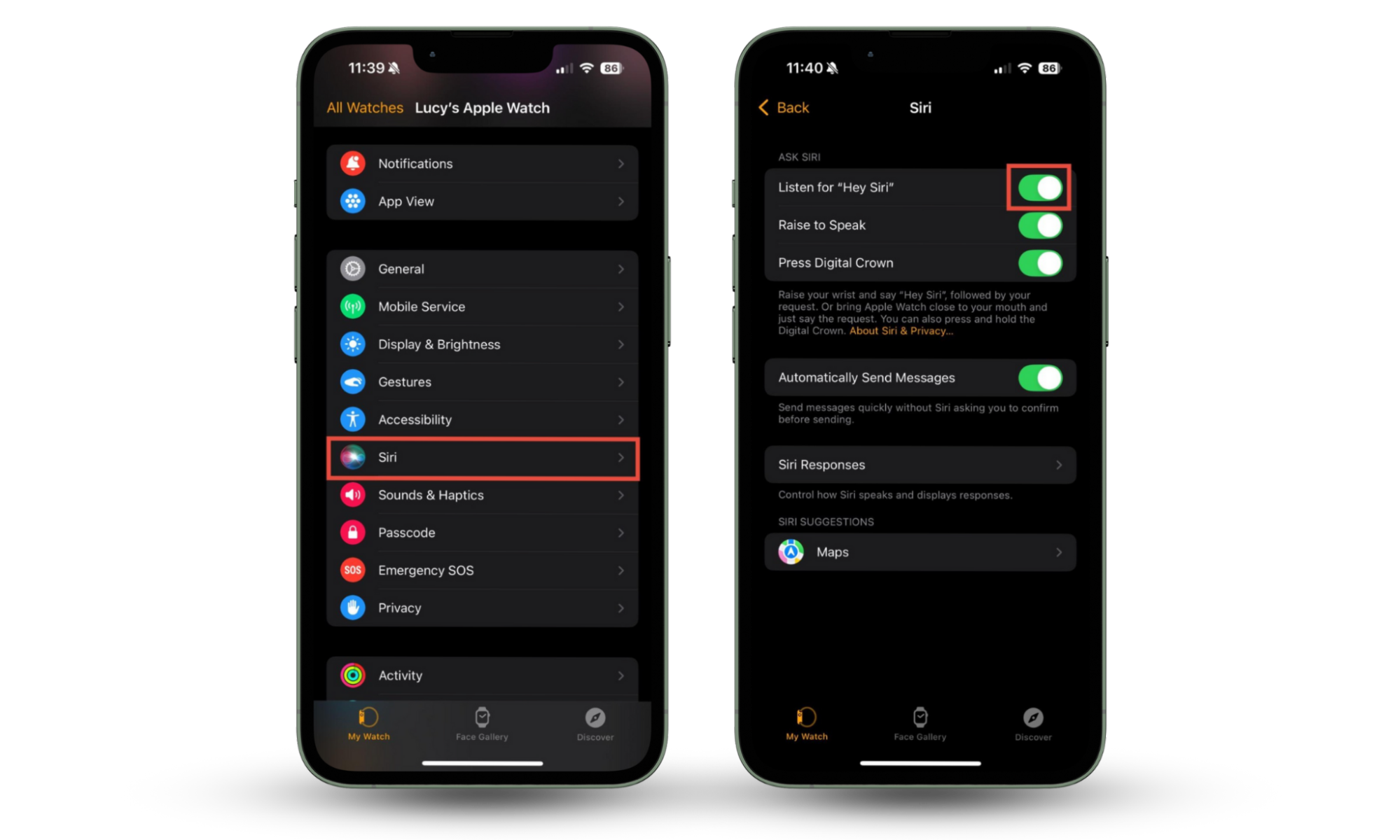 Instructions to stop Siri recording from Apple Watch. In the Watch app on iPhone, tap Siri and then toggle the appropriate settings. Instructions to stop Siri recording from Apple Watch. In the Watch app on iPhone, tap Siri and then toggle the appropriate settings.