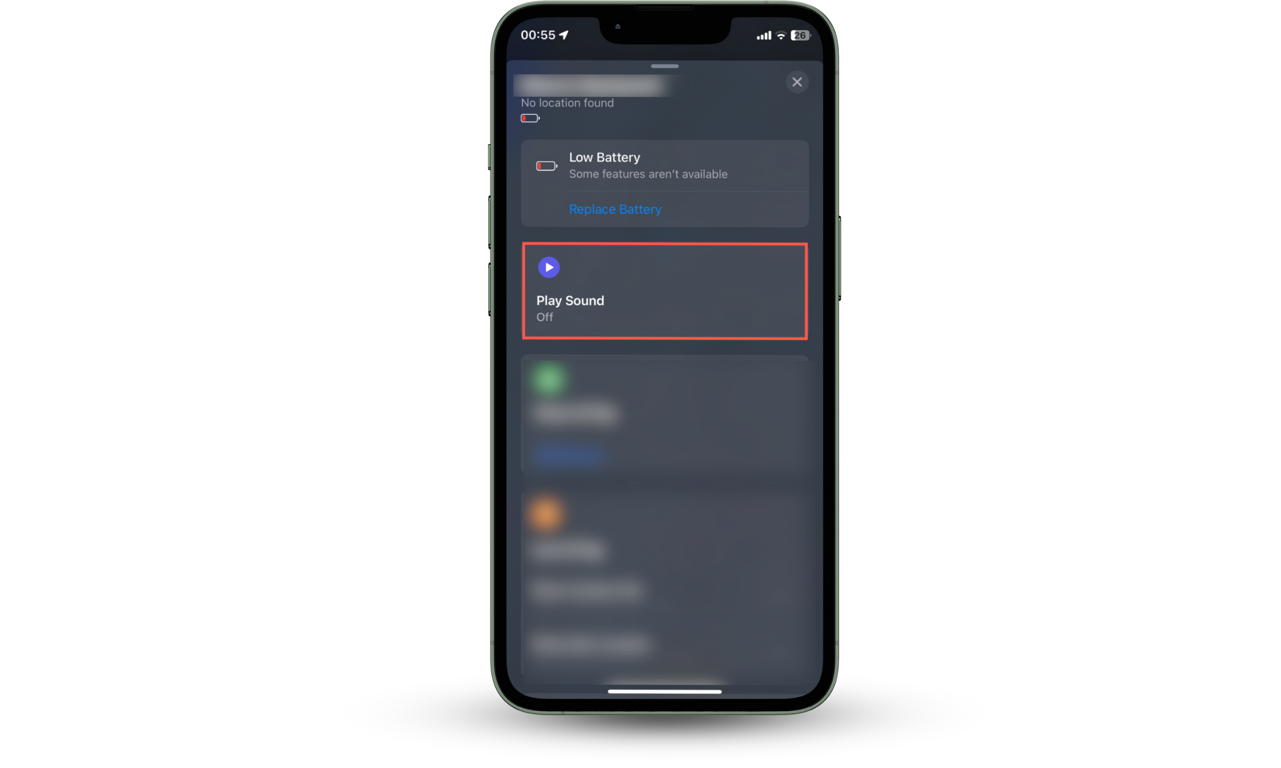 This screenshot shows how to play a sound to locate an unknown AirTag after receiving an AirTag Found Moving With You notification.