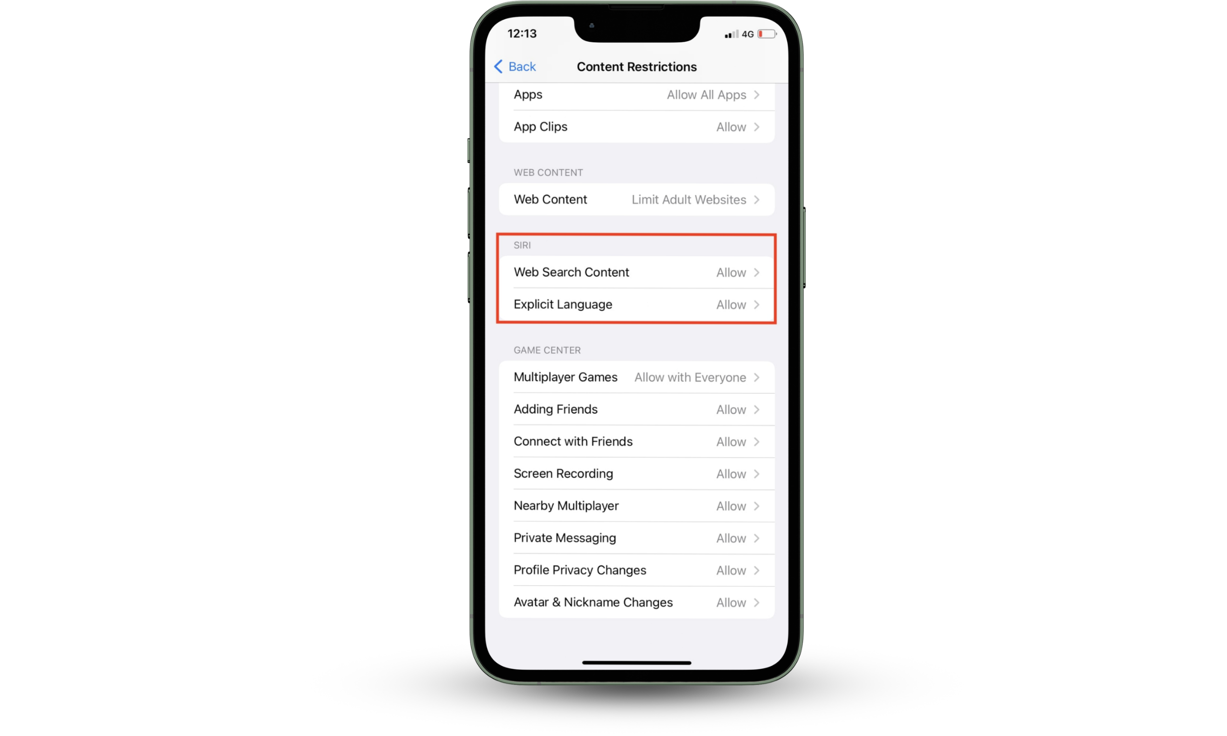The Siri restrictions settings page on an iPhone displays parental control options for limiting web search results and explicit language in Siri responses. The Siri restrictions settings page on an iPhone displays parental control options for limiting web search results and explicit language in Siri responses.