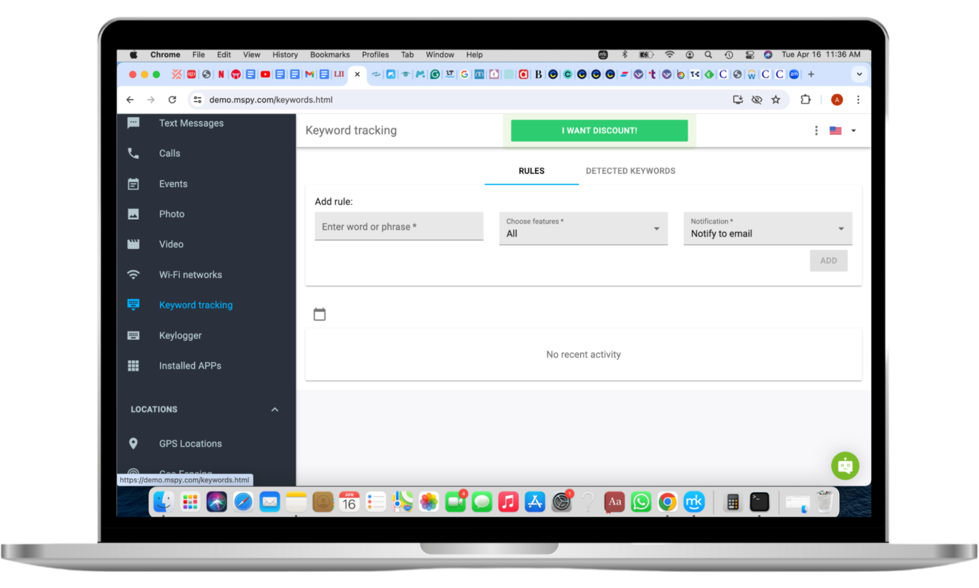 A mockup of mSpy's keylogger feature on a Mac desktop. It shows how a spy can track the target person's keywords. To use it, the spy must enter the phrases they want to track and select if they want to be notified via email. A mockup of mSpy's keylogger feature on a Mac desktop. It shows how a spy can track the target person's keywords. To use it, the spy must enter the phrases they want to track and select if they want to be notified via email.