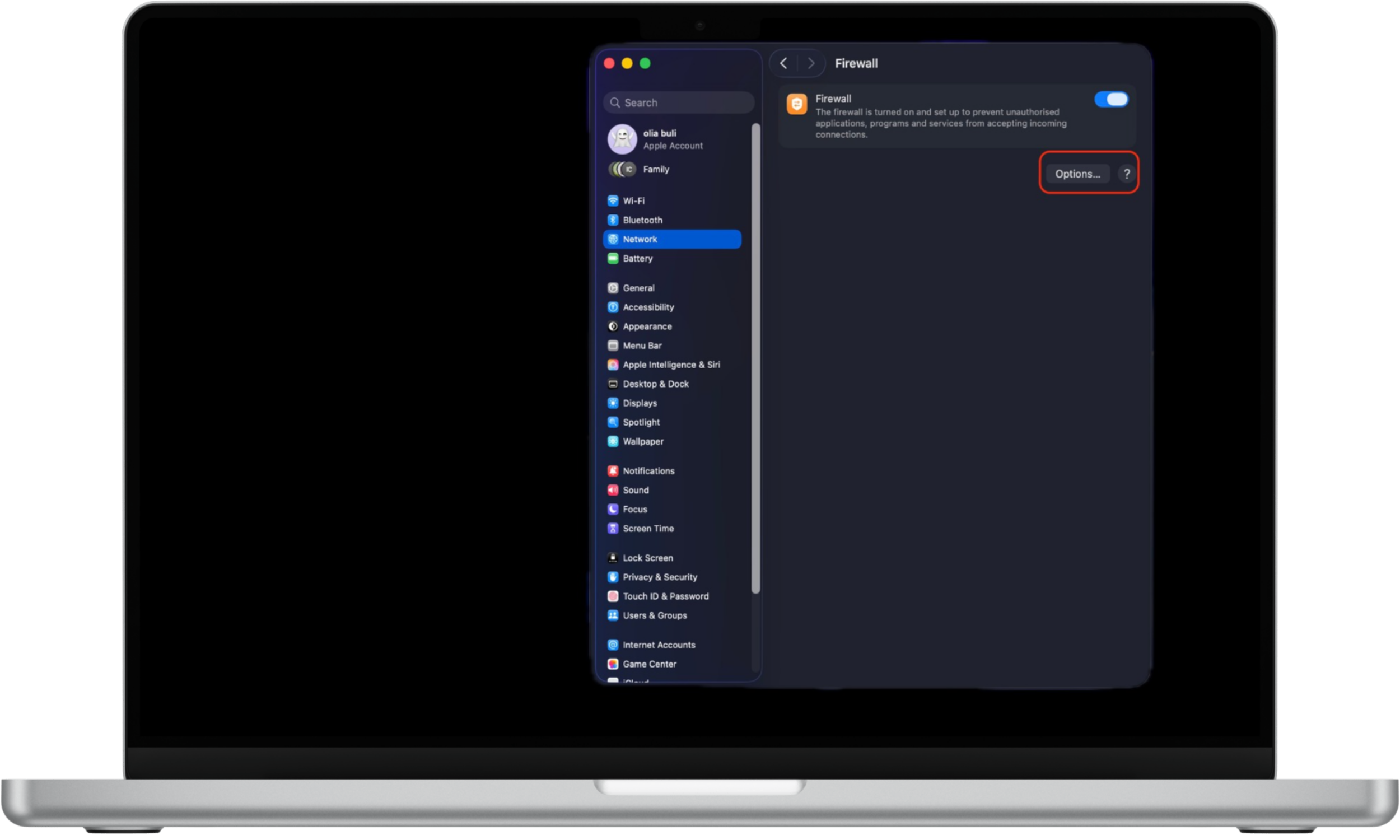 macOS firewall settings screen showing the Firewall Options menu, illustrating how enabling system protection helps reduce the risk of zero-day attacks