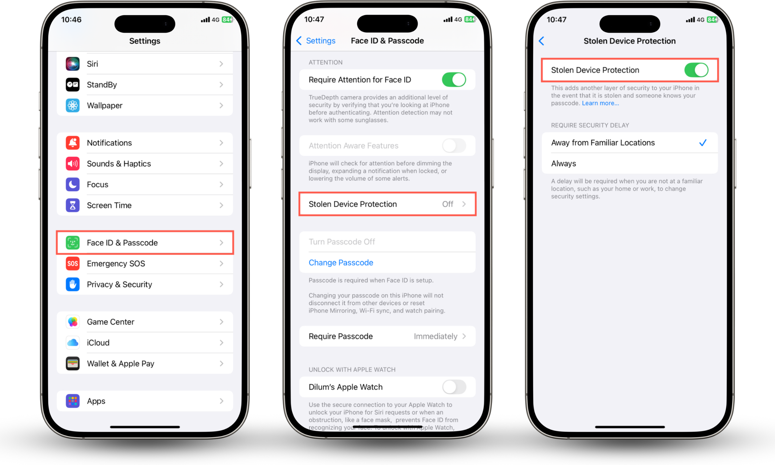 These iOS screenshots show how to enable the Stolen Device Protection feature via Settings so your data is safe if your iPhone gets stolen.