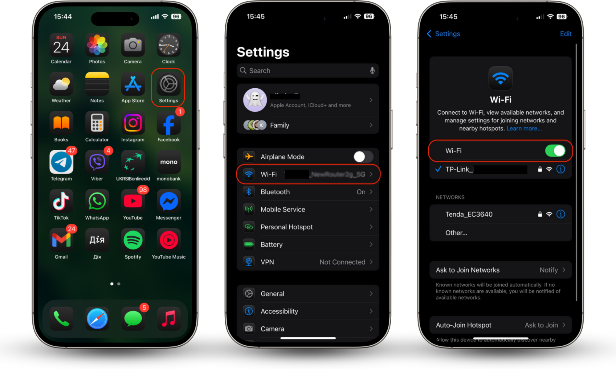 iPhone Settings screen showing how to turn off Wi-Fi helping to pause your location on Life360 without it showing. iPhone Settings screen showing how to turn off Wi-Fi helping to pause your location on Life360 without it showing.