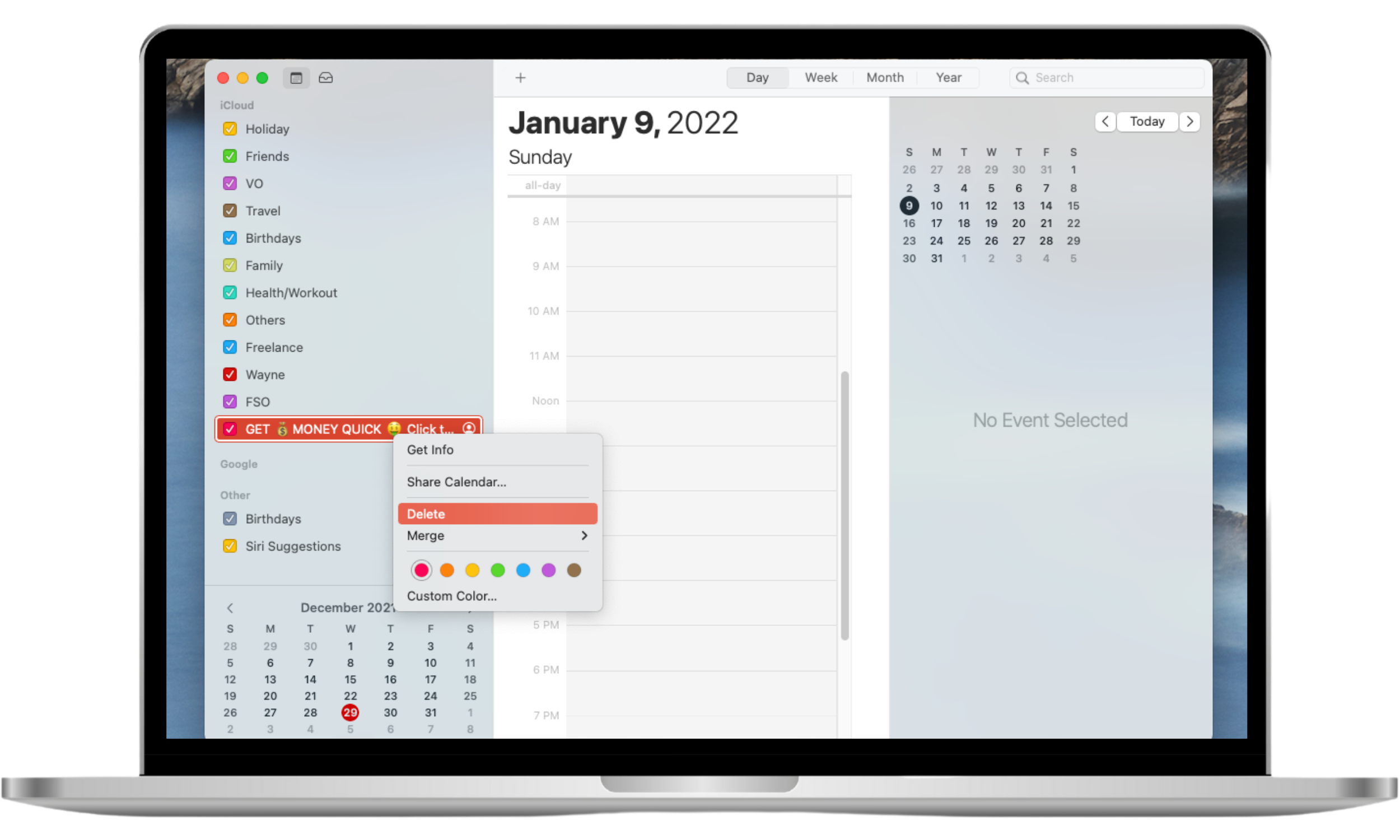 Mac Calendar app showing steps to delete a spam calendar: open Calendar, view calendar list, locate spam calendar, right-click its name, and select Delete