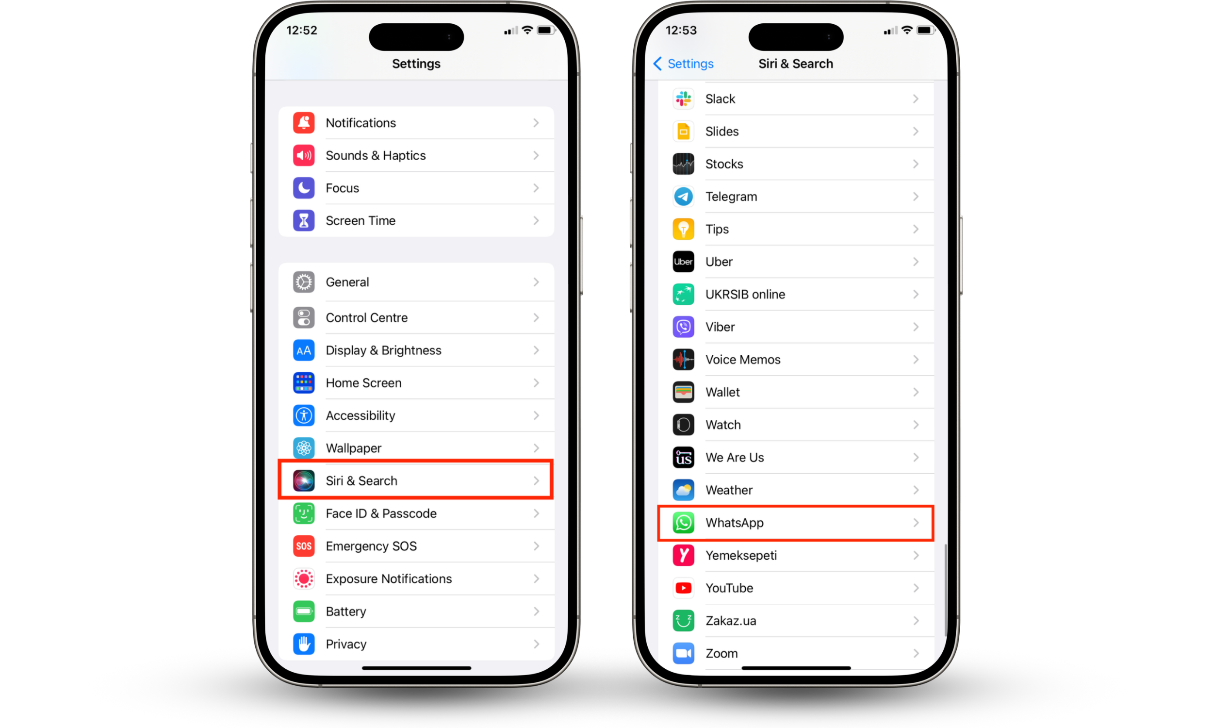 An iPhone screen shows the Siri & Search menu in Settings with a list of apps.