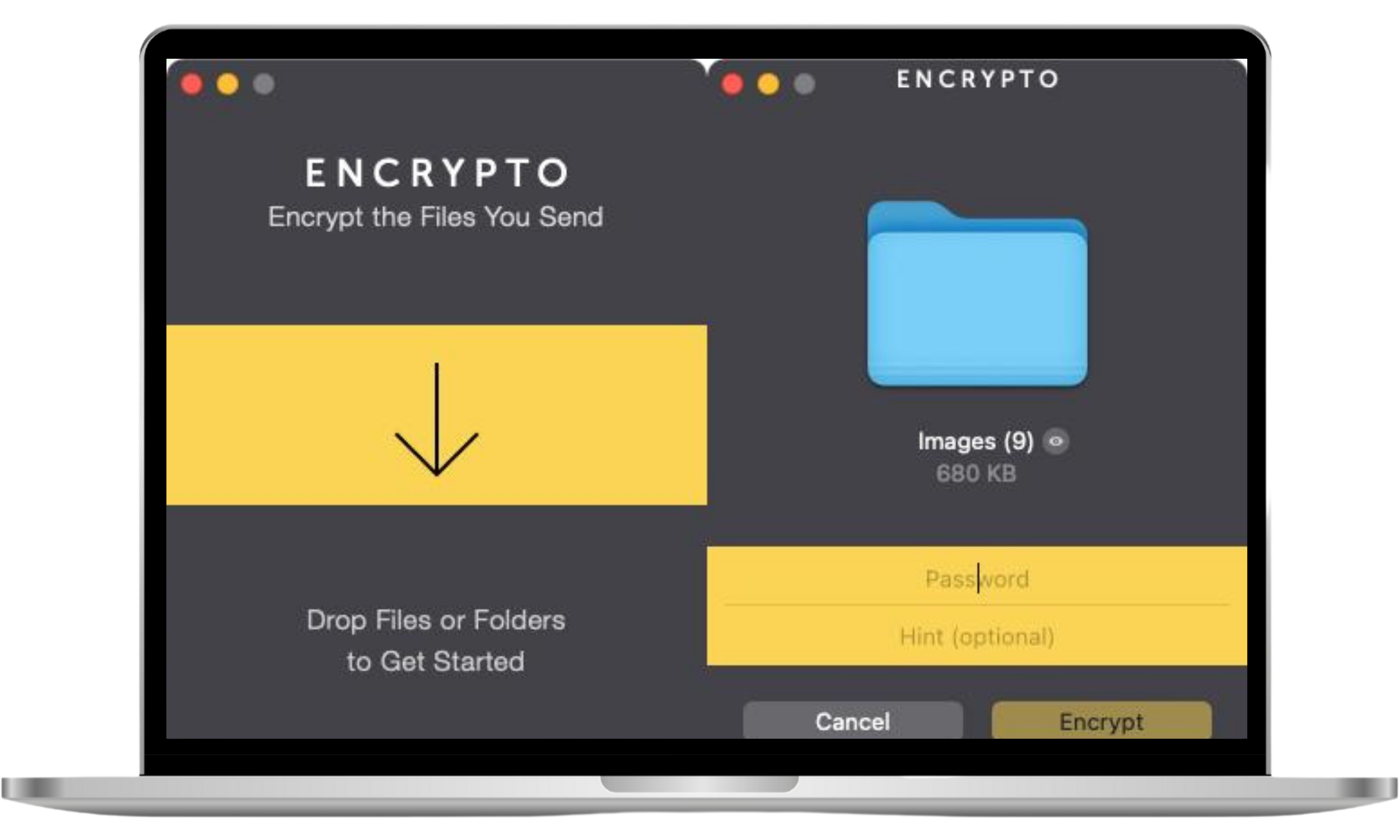The Encrypto app interface on a Mac showing a drag-and-drop area and add file option, where the user begins encrypting a file by adding it to the app. The Encrypto app interface on a Mac showing a drag-and-drop area and add file option, where the user begins encrypting a file by adding it to the app.