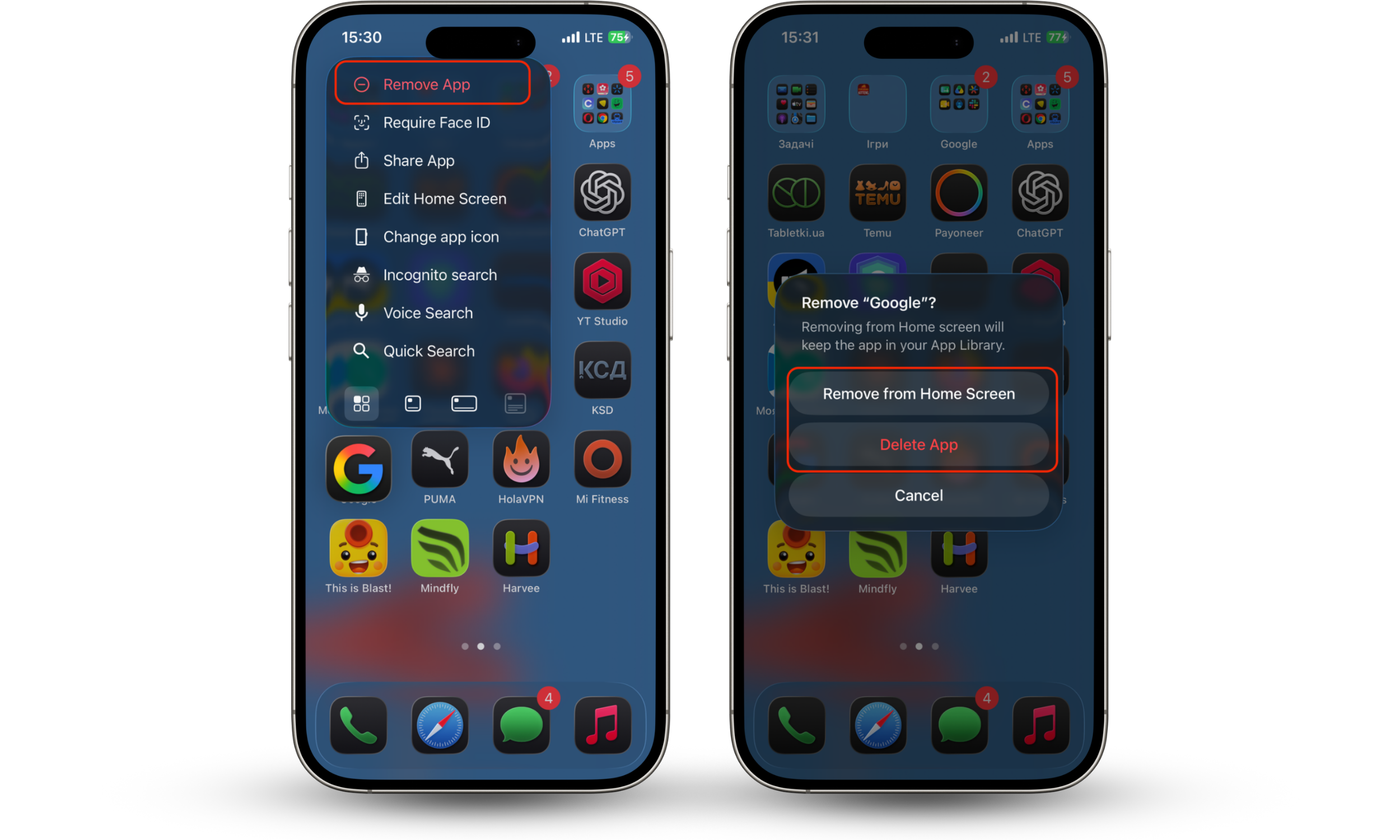 An iPhone home screen shows an options menu appearing next to an app icon with the remove option visible.