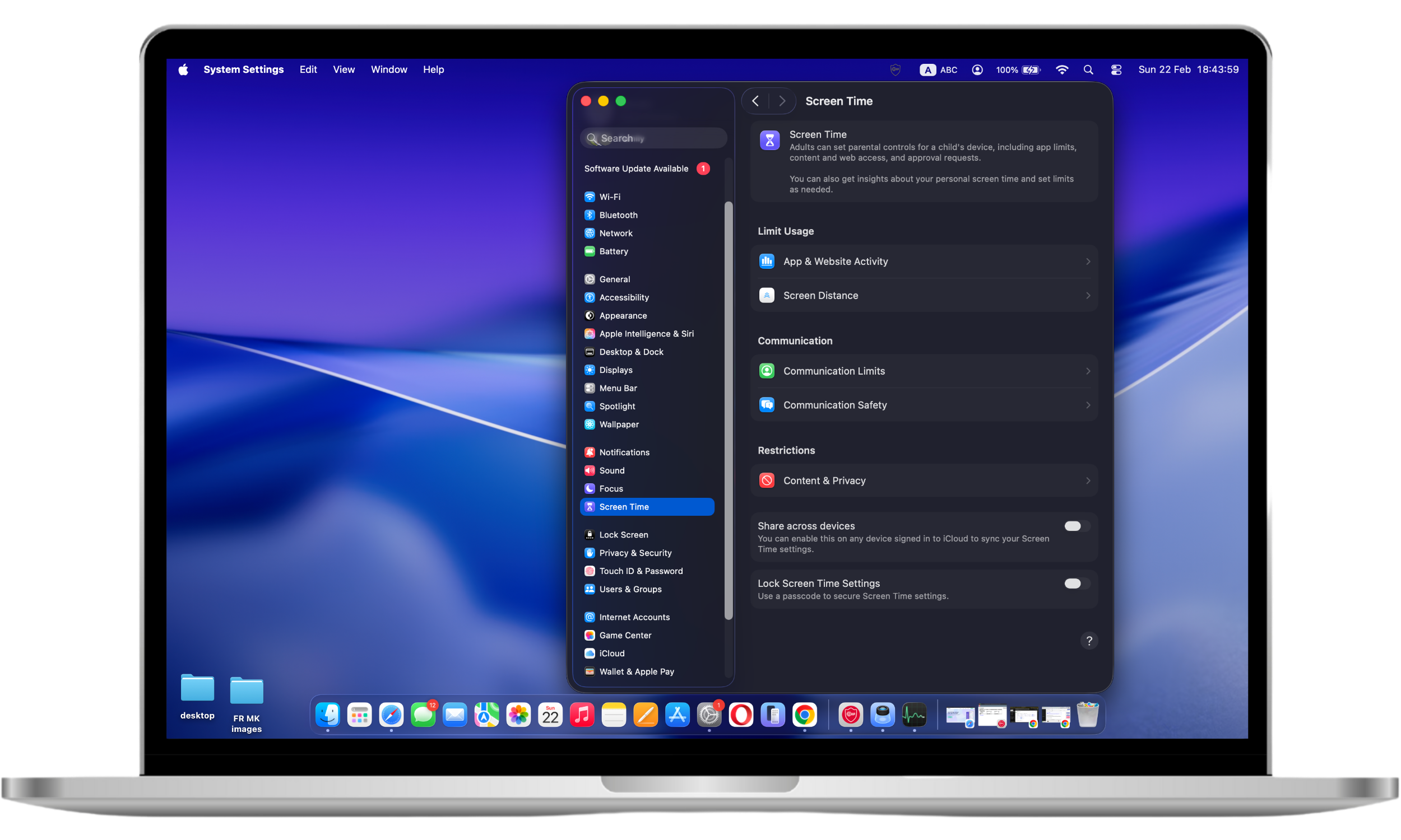 Mac System Settings window with Screen Time selected in the sidebar to manage privacy and app access controls.