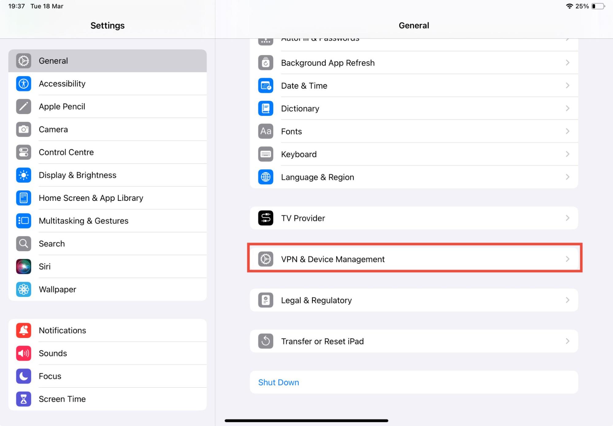 An iPad showing General Settings, with VPN & Device Management highlighted. As a way to find spyware on iPad, look for unexpected changes and configuration profiles. An iPad showing General Settings, with VPN & Device Management highlighted. As a way to find spyware on iPad, look for unexpected changes and configuration profiles.