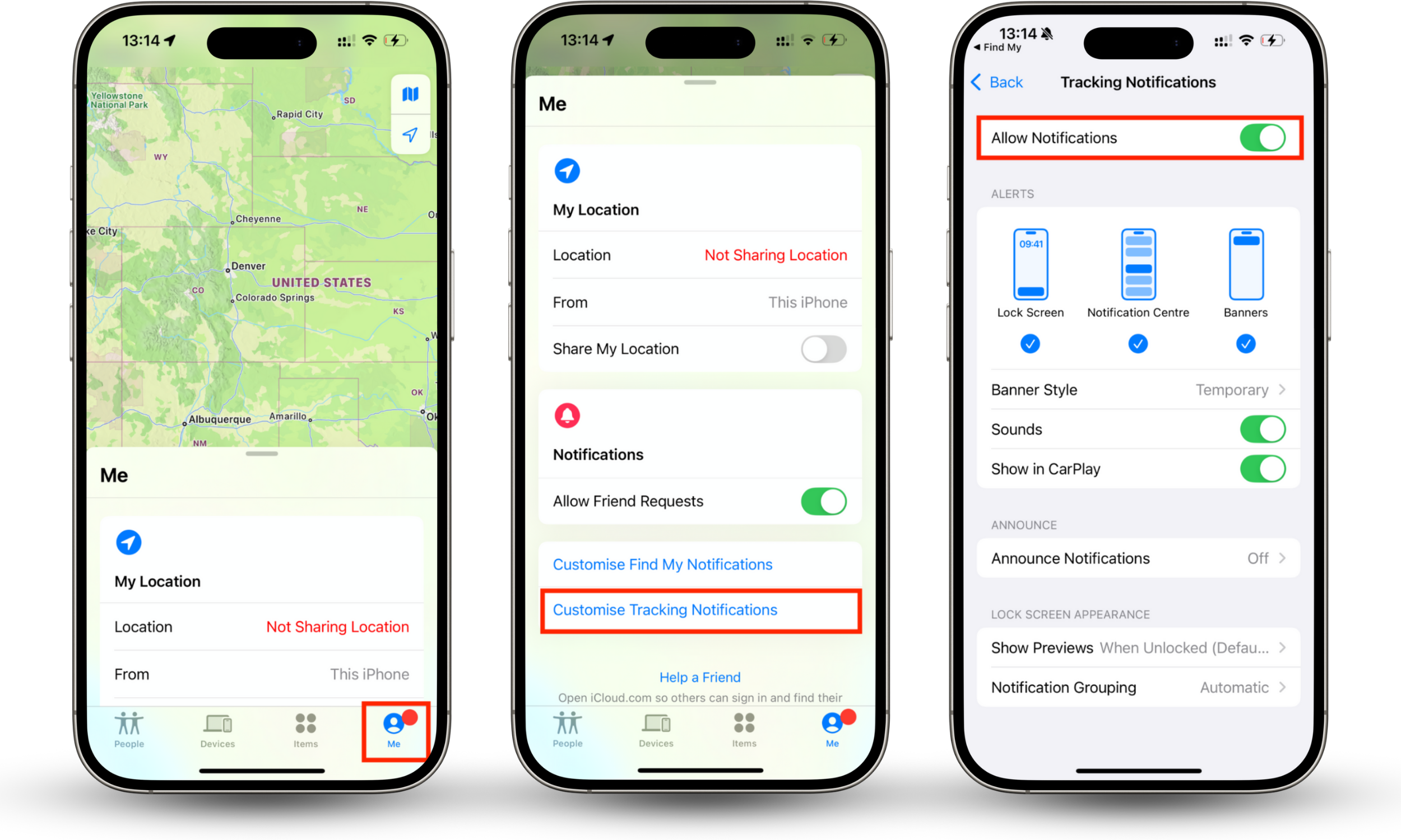 If you want to disable the Find My alerts on iPhone, open the Find My app, tap the Me, scroll down to Customize Tracking Notifications, and Toggle off Allow Notifications.