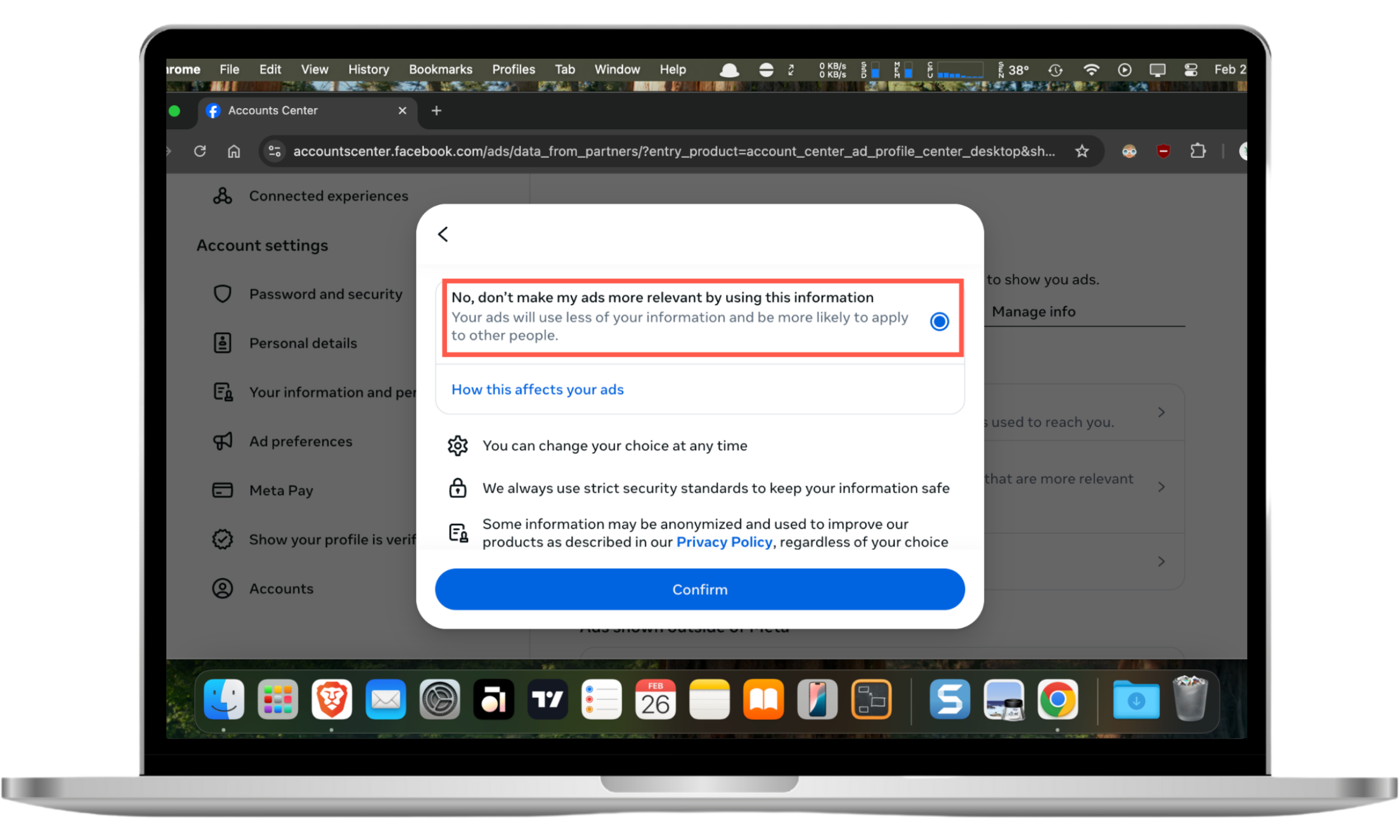 This browser screenshot shows how to stop Facebook ads by blocking the platform from generating ads from data collected from ad partners. This browser screenshot shows how to stop Facebook ads by blocking the platform from generating ads from data collected from ad partners.