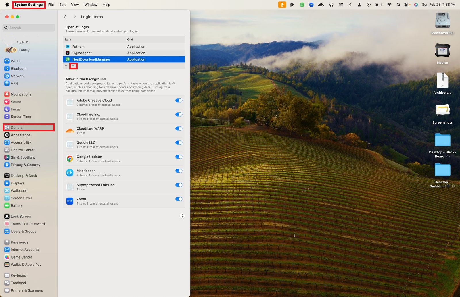 macOS Login Items settings showing a list of startup applications with the minus sign highlighted, to check if your Mac has a virus or malware. macOS Login Items settings showing a list of startup applications with the minus sign highlighted, to check if your Mac has a virus or malware.