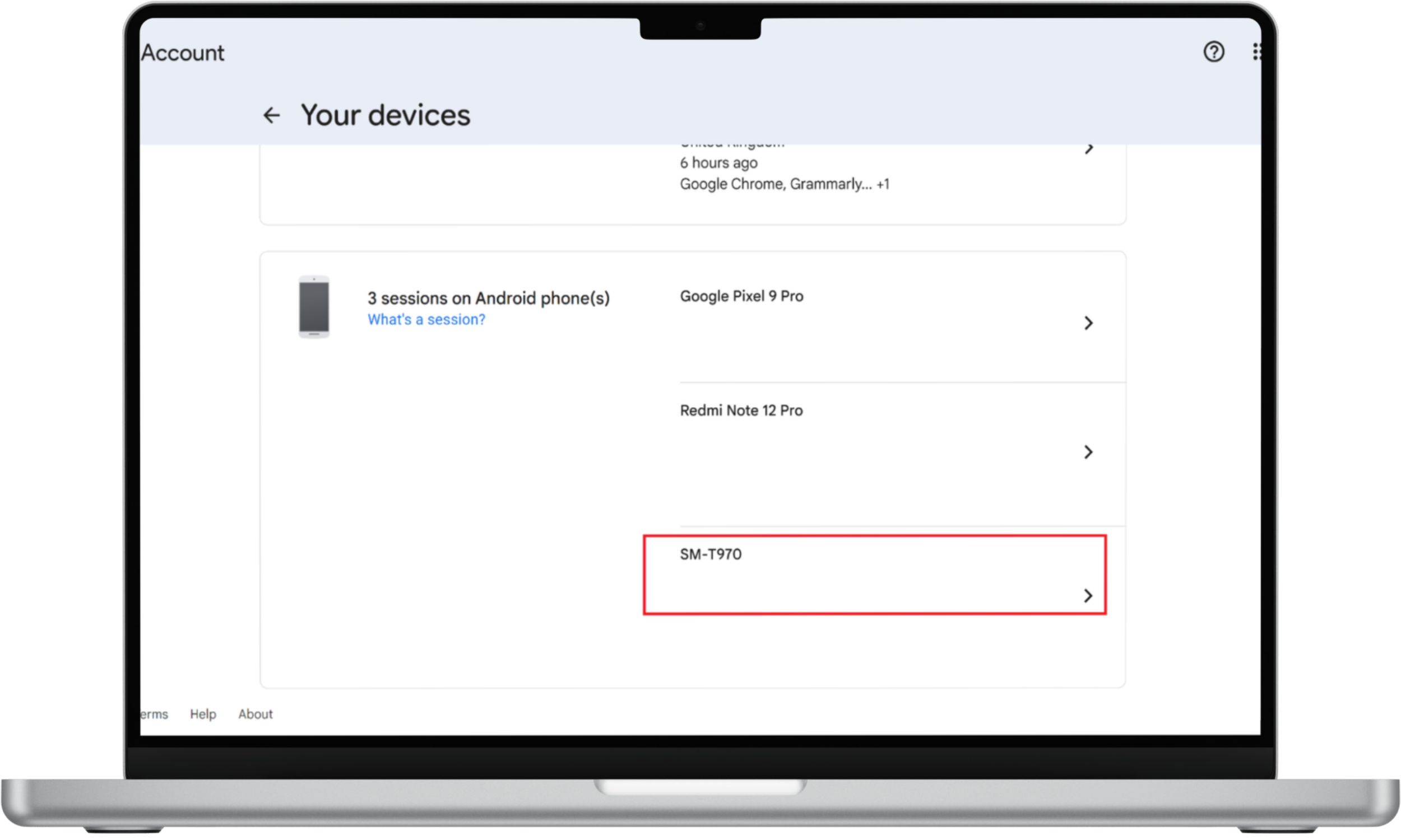 Google Account Your devices page showing a selected Android device used to stop contacts syncing on another phone.