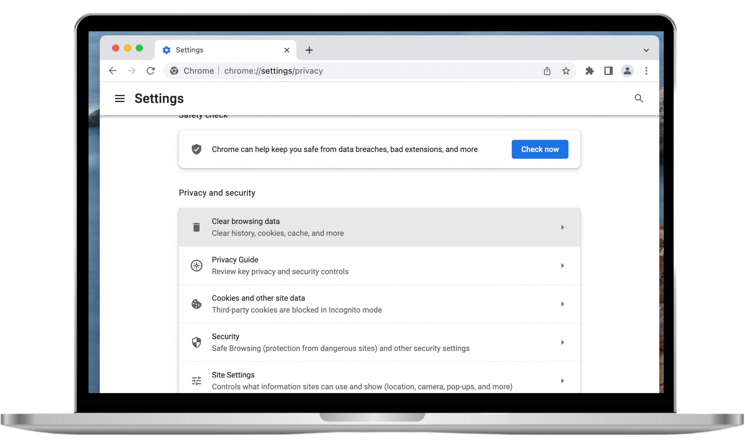 The Privacy and security menu in Google Chrome settings shows the Clear browsing data option selected.