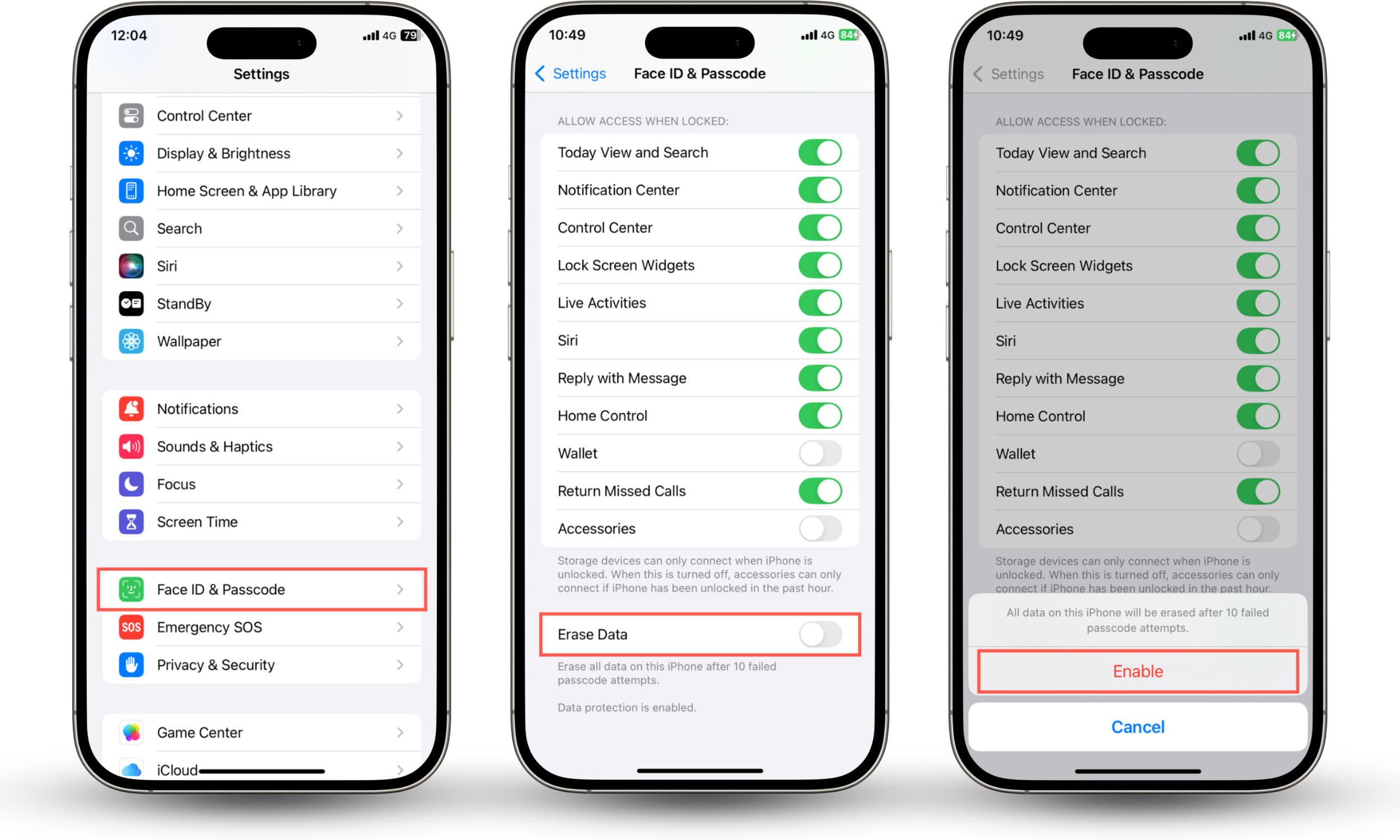 These Settings app screenshots show how to set up the iOS device to automatically erase itself as part of your iPhone theft prevention plan.