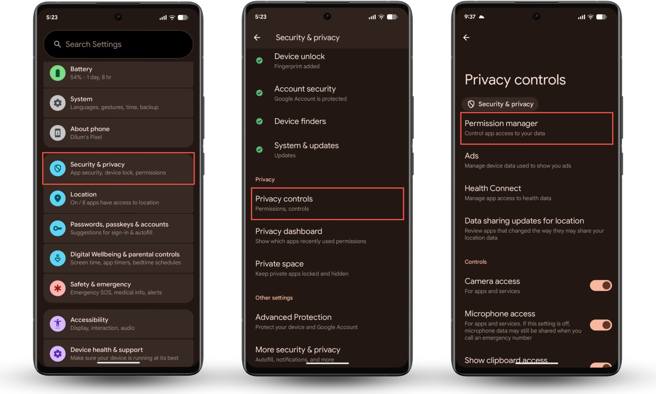 These Android screenshots show how to review your app permissions for shared access if your husband's phone appears to be connected to yours.