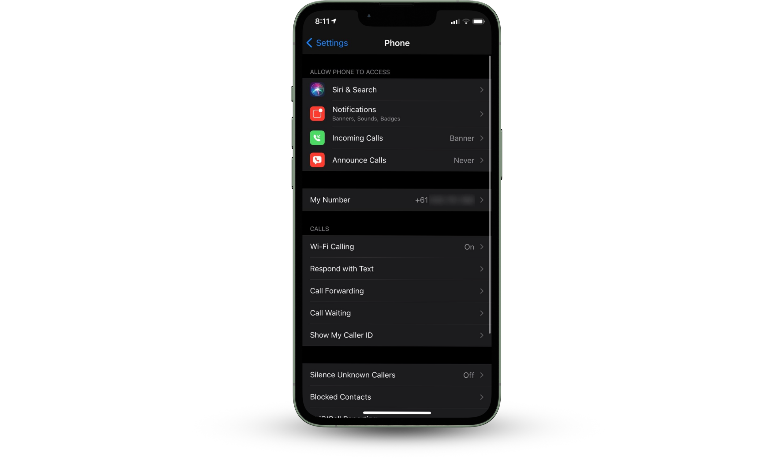 iPhone settings showing Phone menu with Silence Unknown Callers toggle enabled iPhone settings showing Phone menu with Silence Unknown Callers toggle enabled