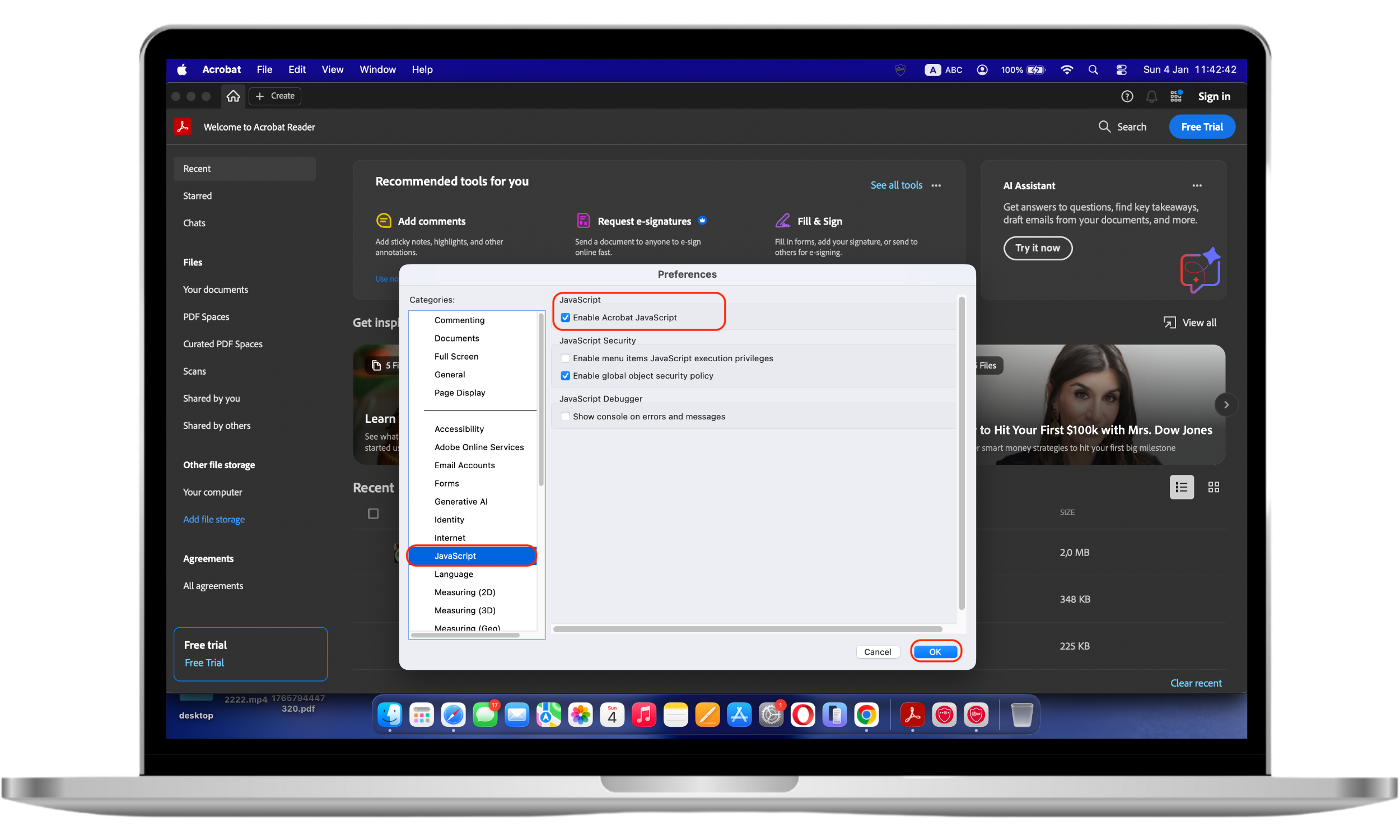 Screenshot showing steps 3-5 in Adobe Acrobat Reader: Select JavaScript from the list, uncheck 'Enable Acrobat JavaScript,' and click OK. These steps help disable JavaScript to prevent malicious scripts in PDFs and protect against PDF-based malware.